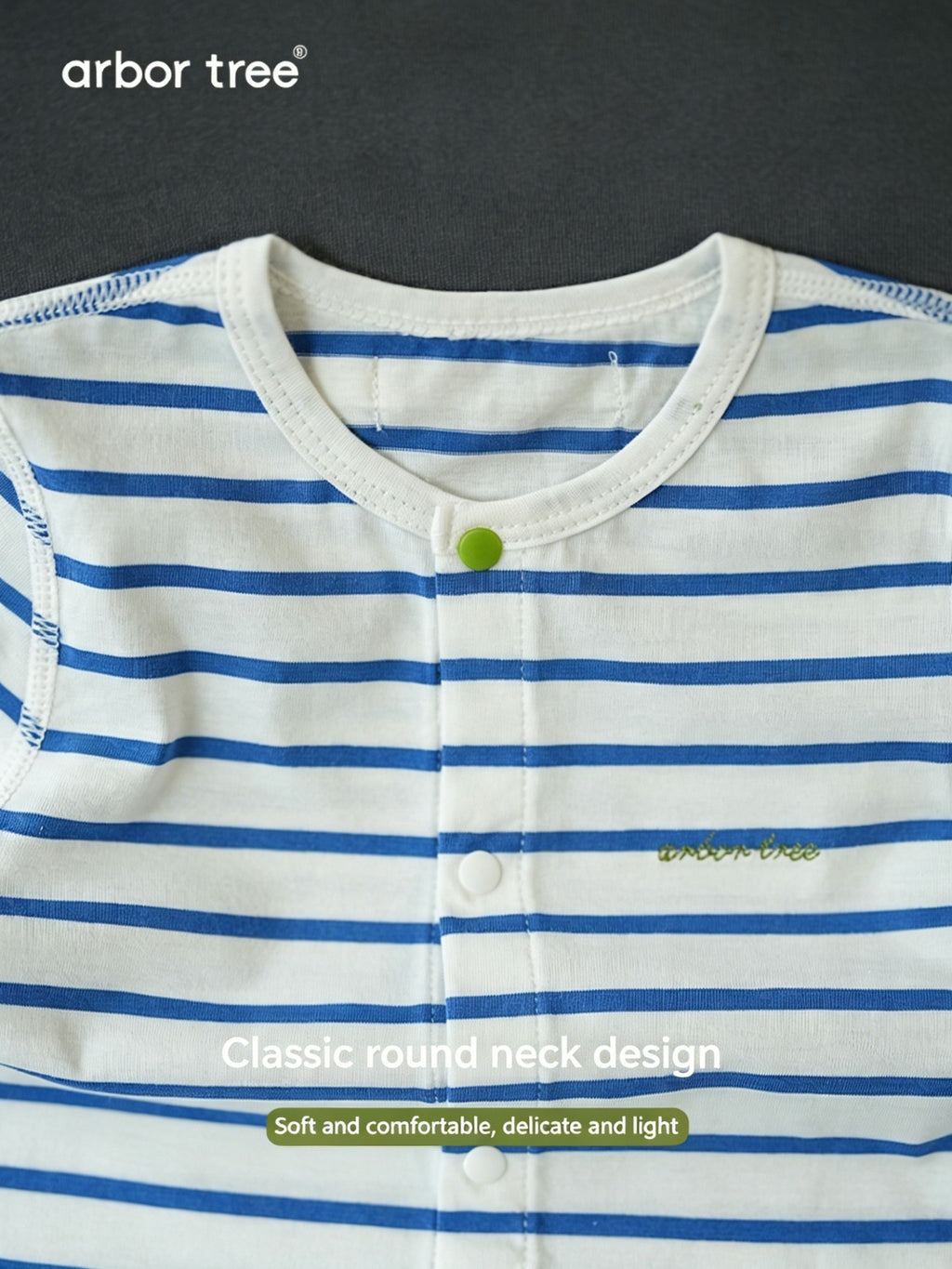 ArborTree organic cotton spring striped romper for kids, front-opening design, soft and gentle on the skin for boys and girls.