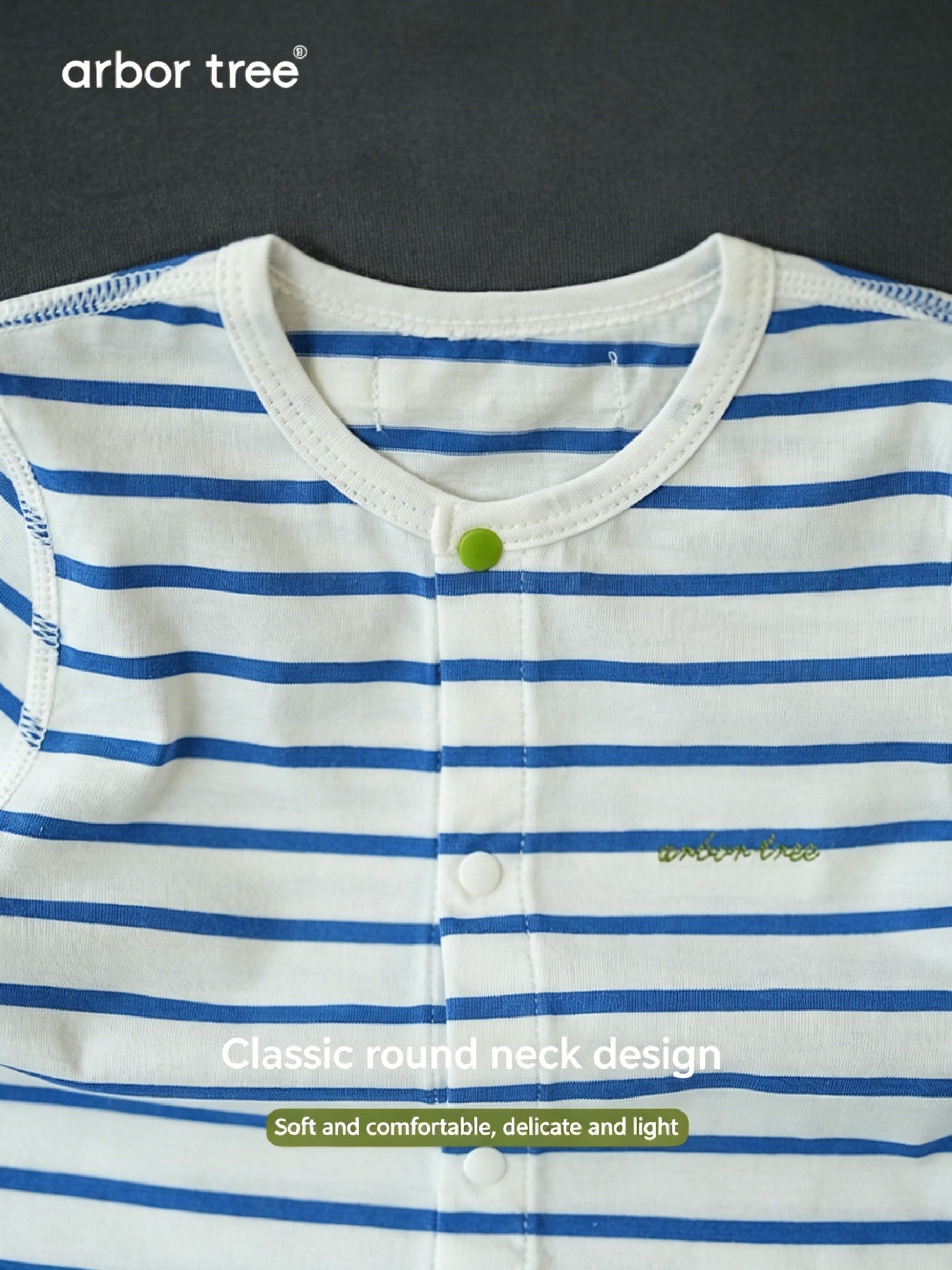 ArborTree organic cotton spring striped romper for kids, front-opening design, soft and gentle on the skin for boys and girls.