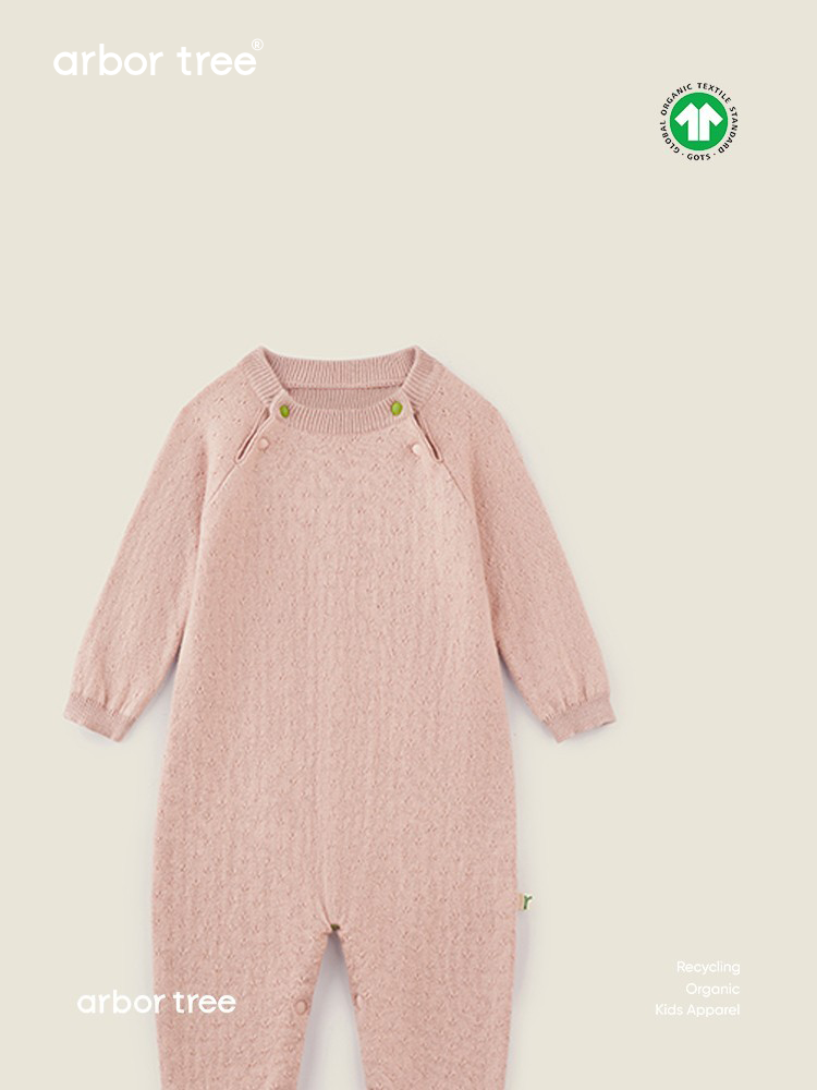 Organic cotton and cashmere infant romper by arbortree, long-sleeve with shoulder splits and thick-knit design for toddlers.