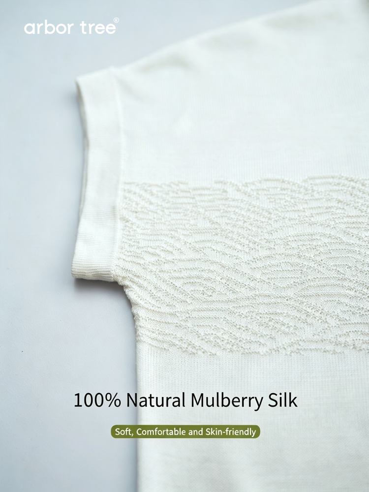 Unisex summer knit tee by arbortree with wave pattern, lightweight, breathable 100% natural mulberry silk fabric.