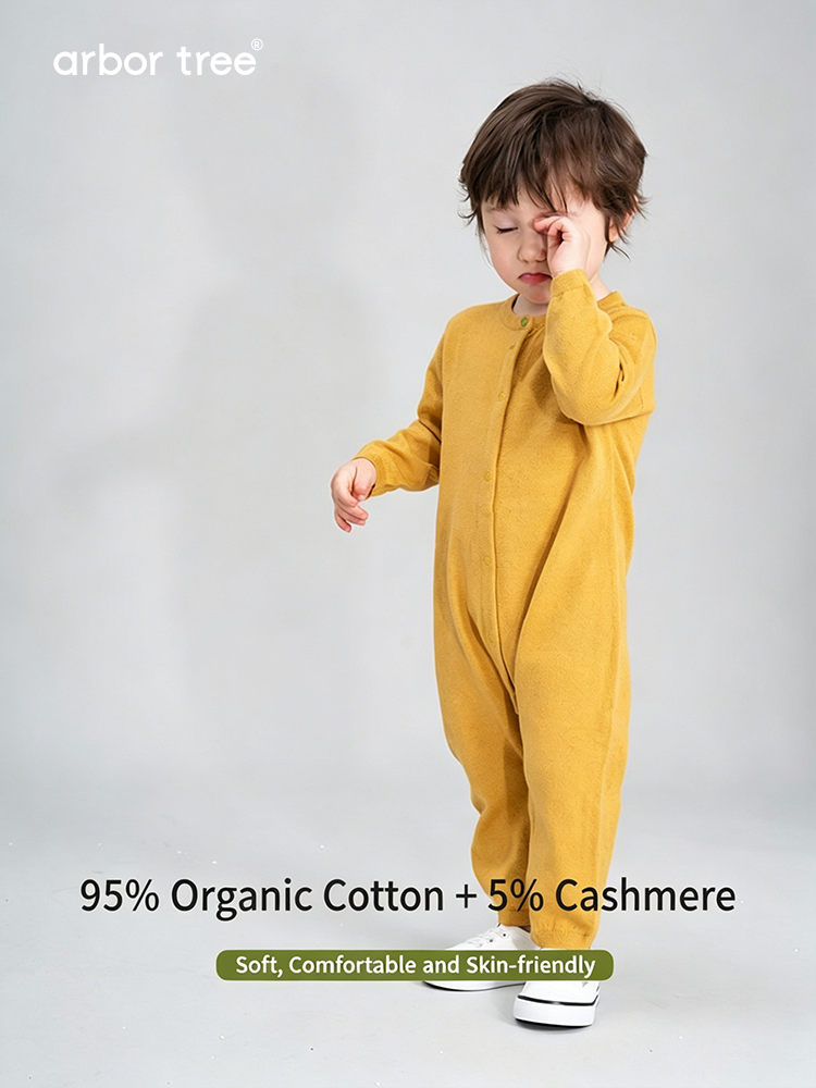 Organic cotton and cashmere baby knit romper by arbortree, front-opening, lightweight and cozy for infants and toddlers.