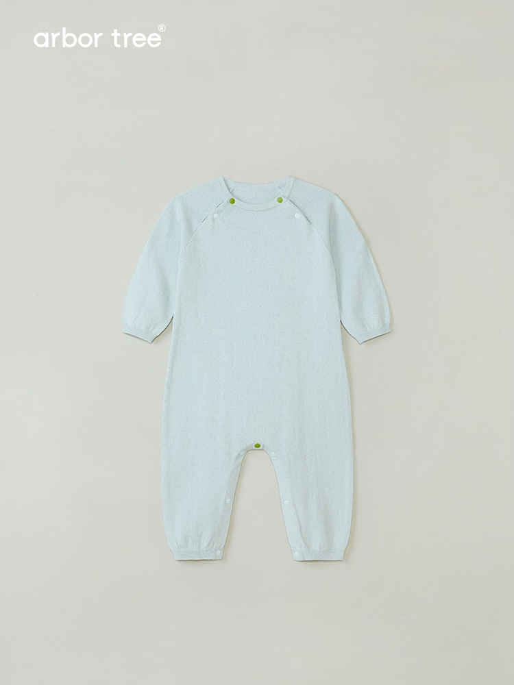 Organic cotton cashmere infant romper by arbortree, lightweight and crawling-friendly, featuring soft knit fabric for babies and toddlers.