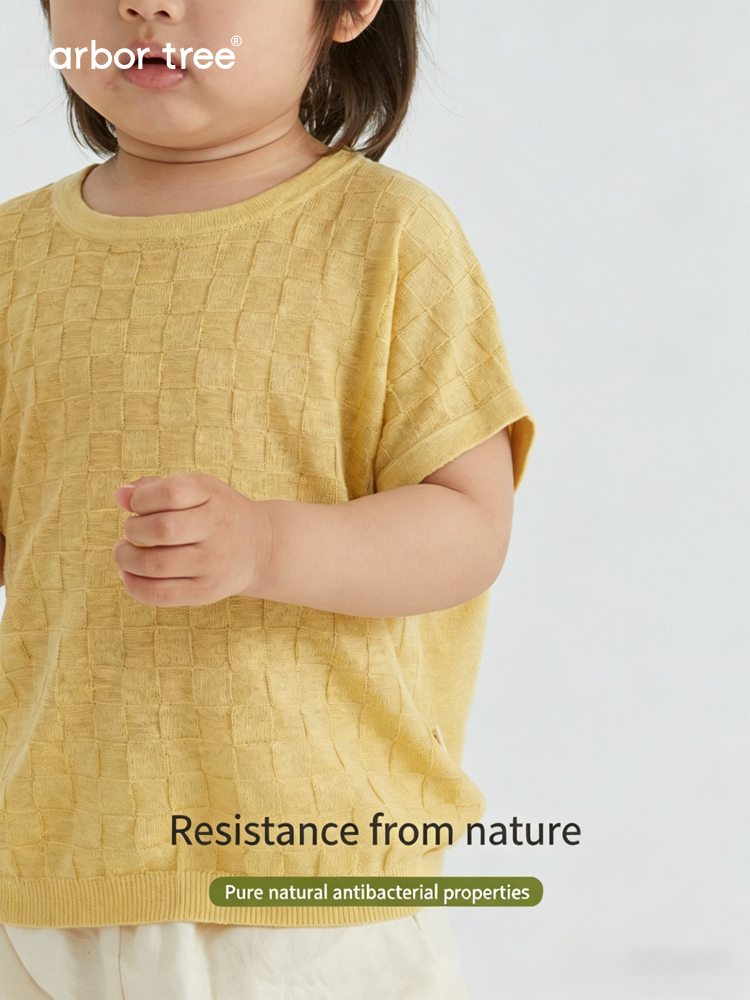 Baby checkered summer short-sleeve T-shirt by arbortree in 70% linen and 30% mulberry silk, featuring a stylish, lightweight fabric design.