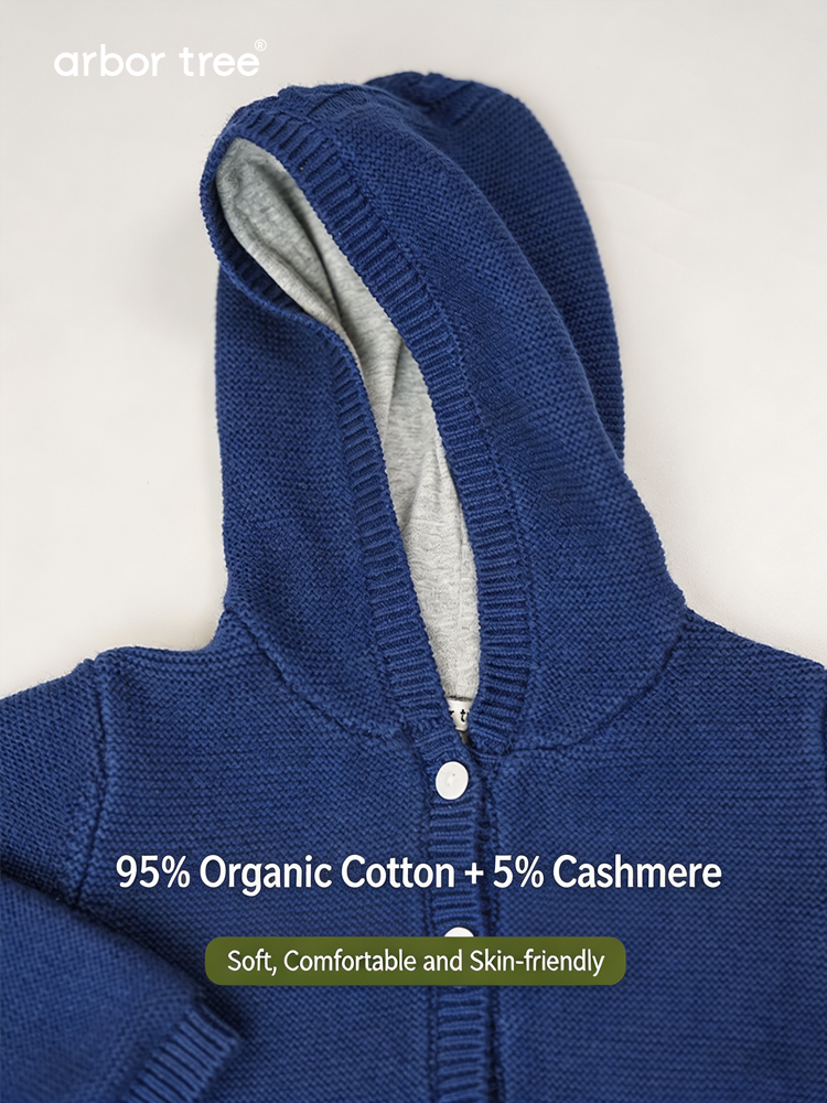 Organic cotton cashmere kids' hooded knit jacket by arbortree with cotton lining, suitable for spring, fall, winter, hand wash recommended.