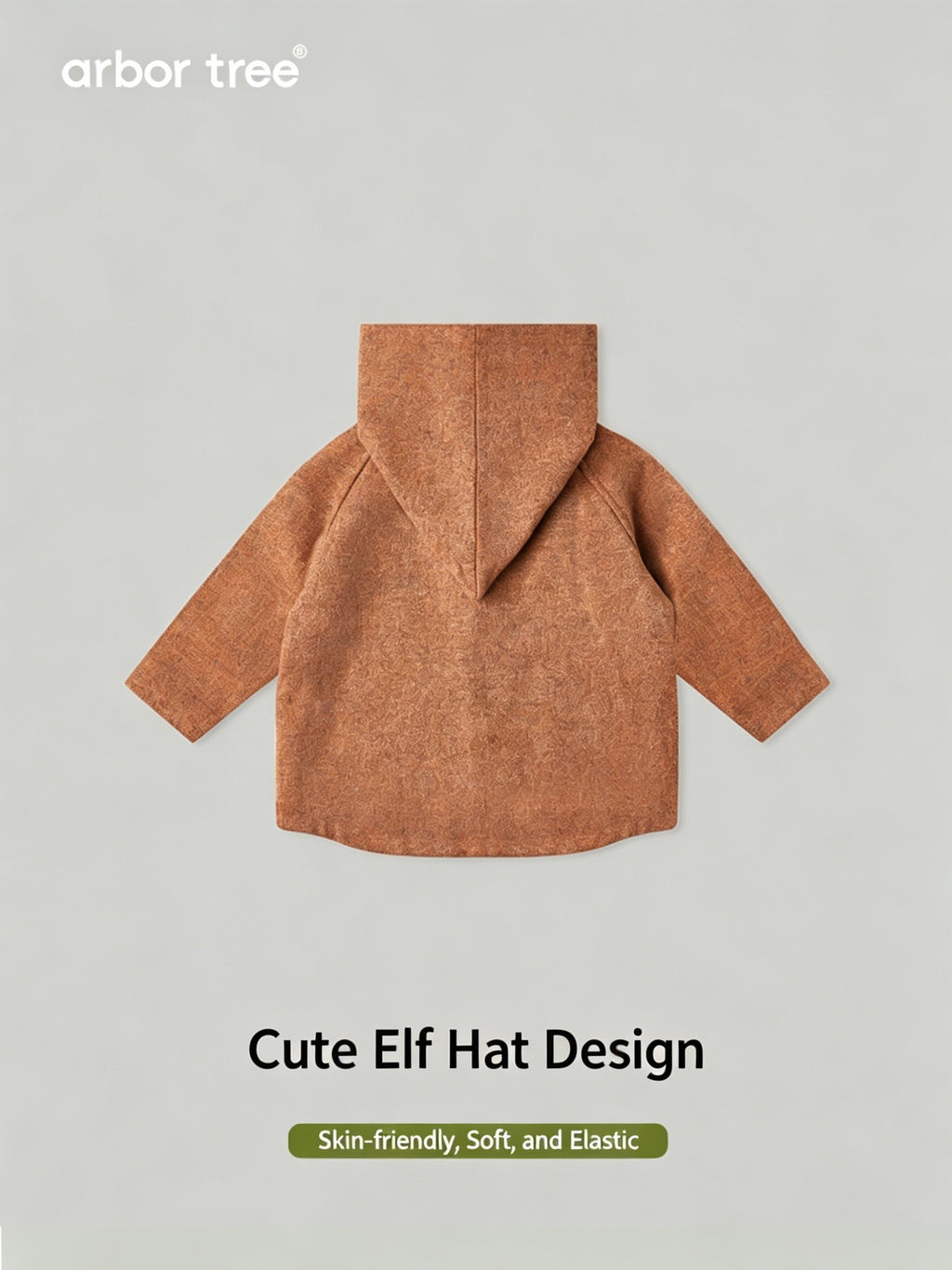 ArborTree baby’s soft wool coat with elf hat, featuring organic cotton lining, perfect for fall and winter warmth.