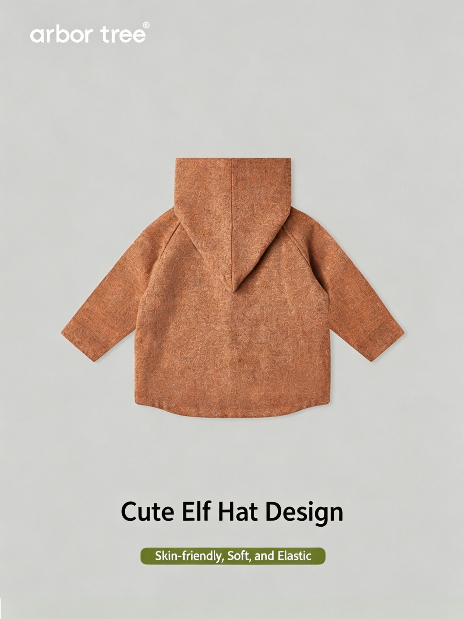 ArborTree baby’s soft wool coat with elf hat, featuring organic cotton lining, perfect for fall and winter warmth.