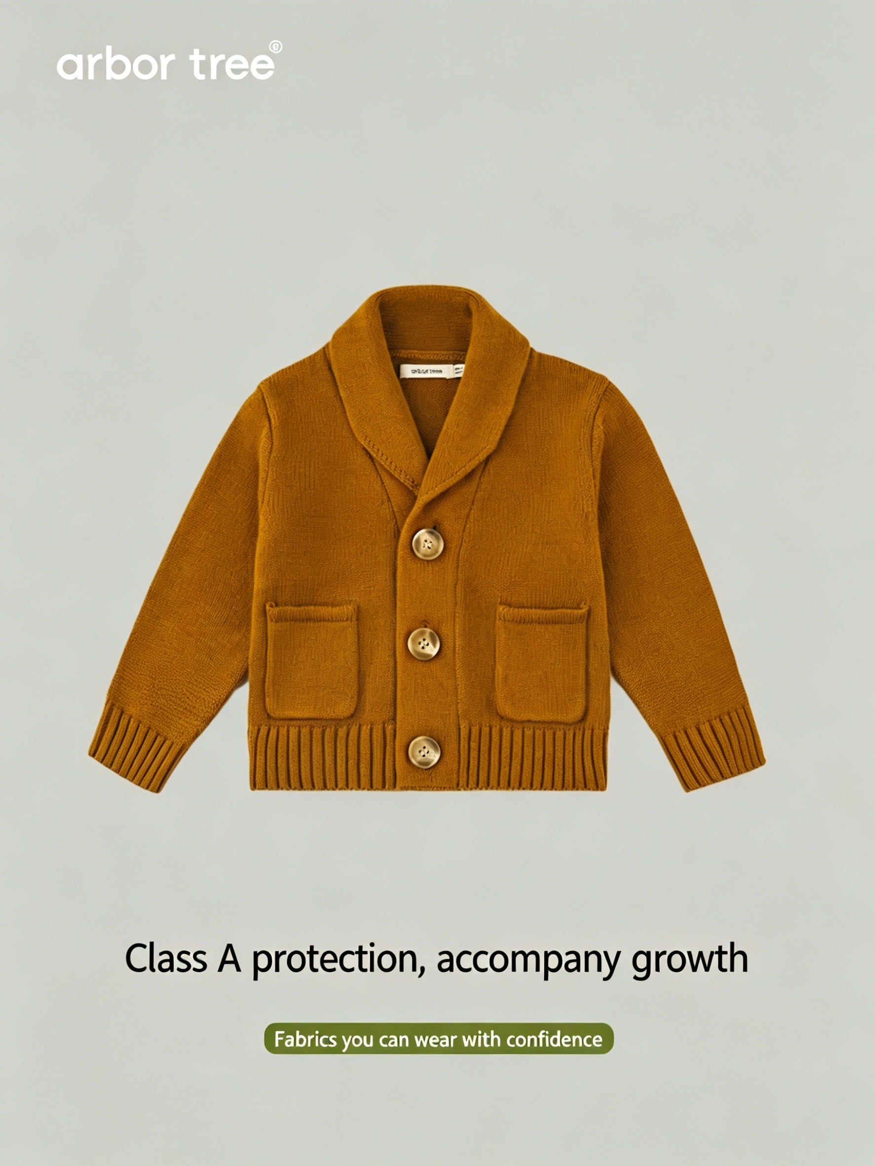 ArborTree organic cotton and cashmere baby lapel jacket cardigan, soft beige with button closure, for infants and toddlers.
