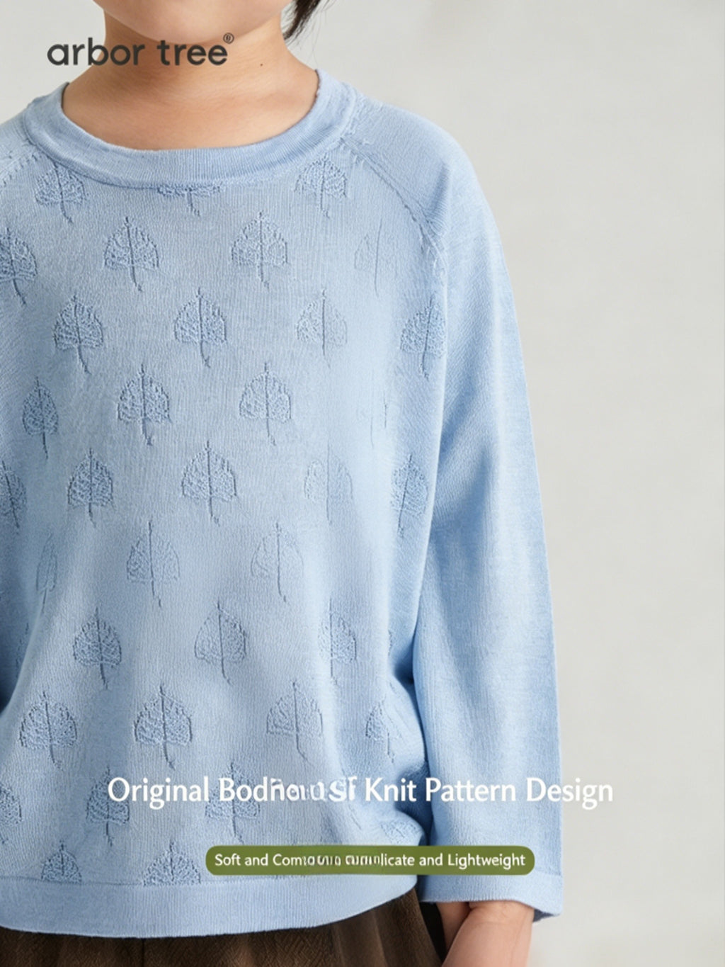 Unisex spring/fall knit Bodhi leaf long-sleeve T-shirt made from ArborTree's silk and cashmere blend, featuring a breathable design.