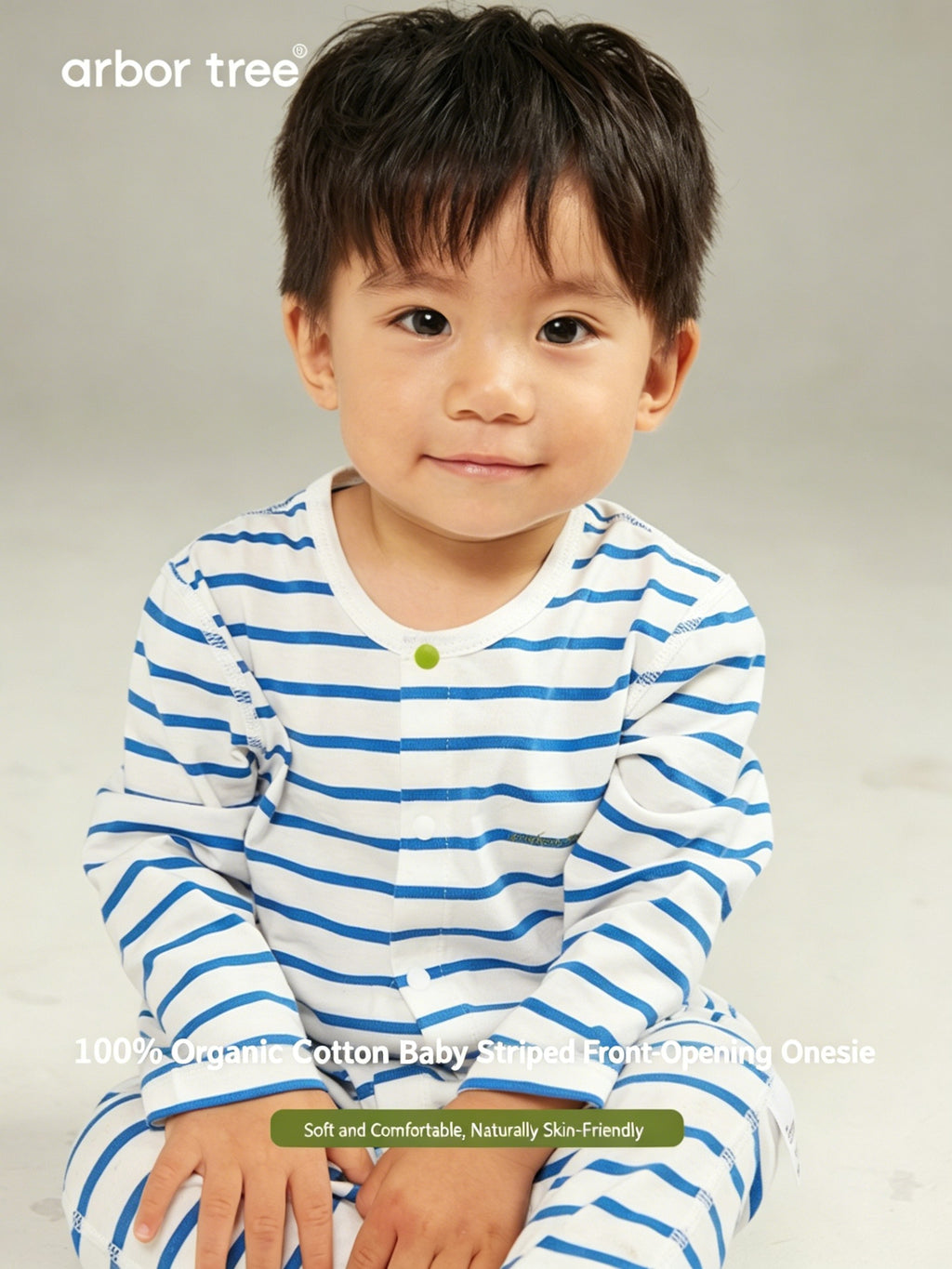 ArborTree organic cotton romper for kids with spring striped pattern, front opening, soft and gentle on skin for boys and girls.