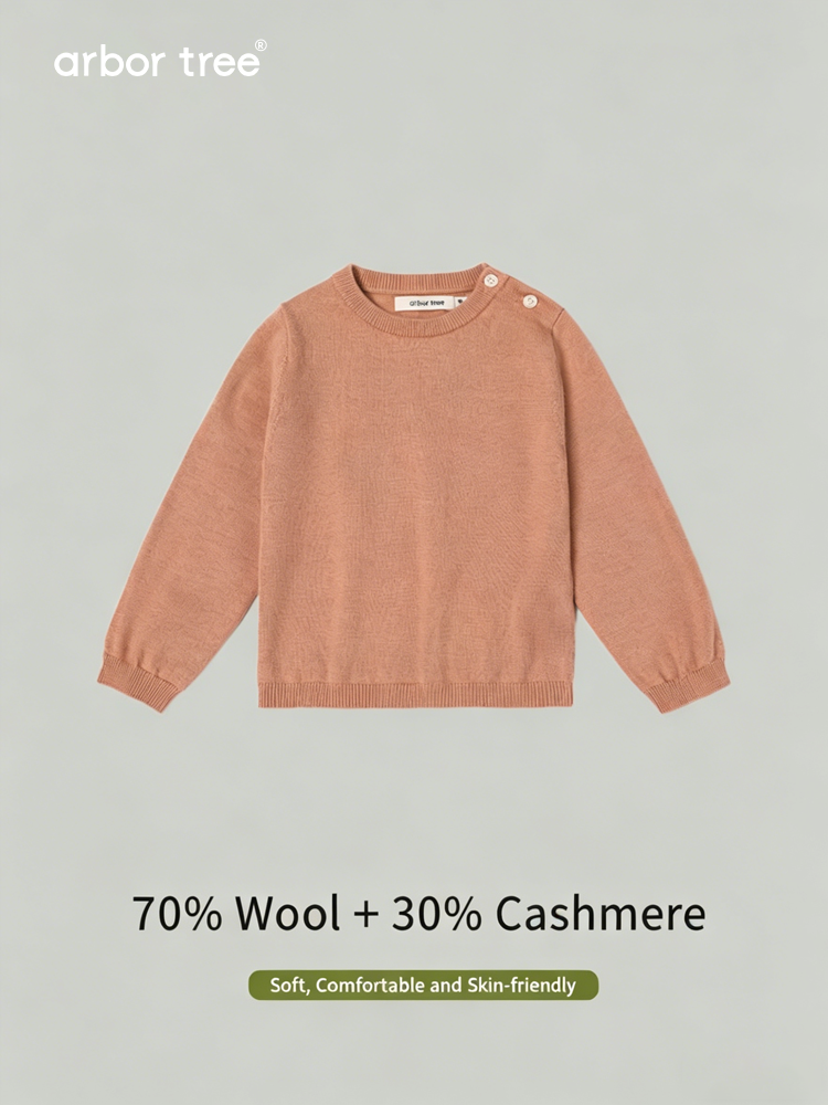 Kids' cashmere and wool shoulder-opening pullover sweater by ArborTree, soft, warm, perfect for autumn and winter.