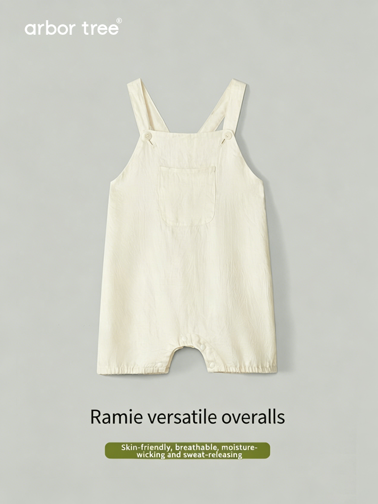 ArborTree 100% Natural Ramie Baby Casual Bib Pants in soft, breathable fabric with adjustable straps and a relaxed fit.
