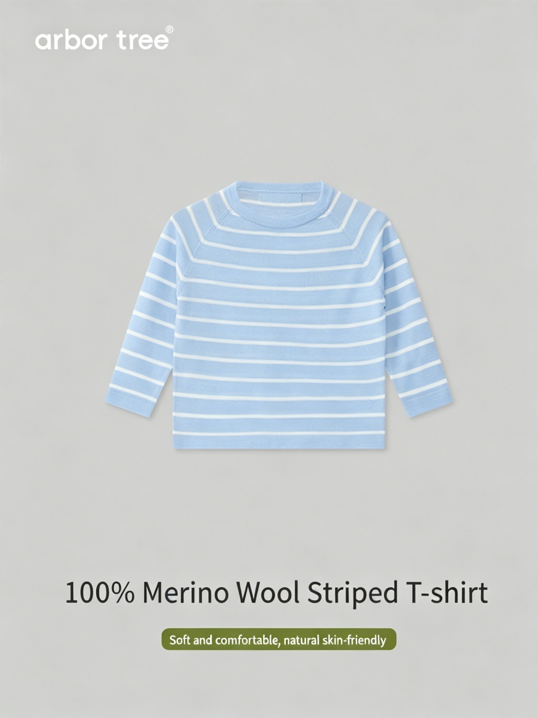 Baby stripe pullover top by ArborTree made of 100% merino mercerized wool, featuring colorful horizontal stripes and a cozy fit.