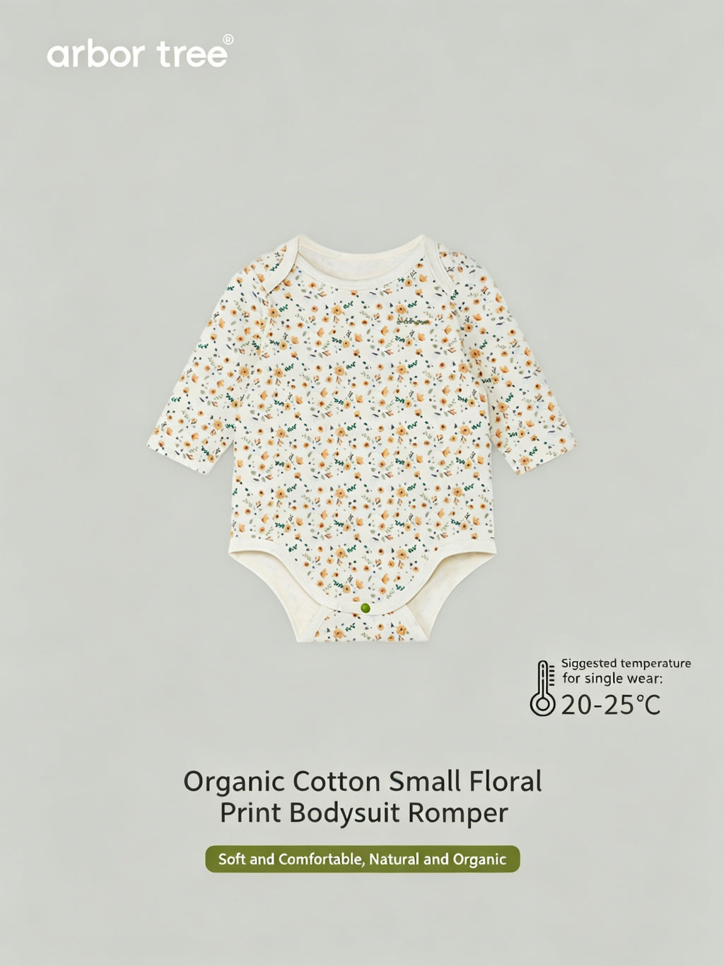 ArborTree organic cotton baby romper with small floral print, long sleeves, gentle on skin, warm and naturally sourced for infants