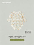 ArborTree organic cotton baby romper with small floral print, long sleeves, gentle on skin, warm and naturally sourced for infants