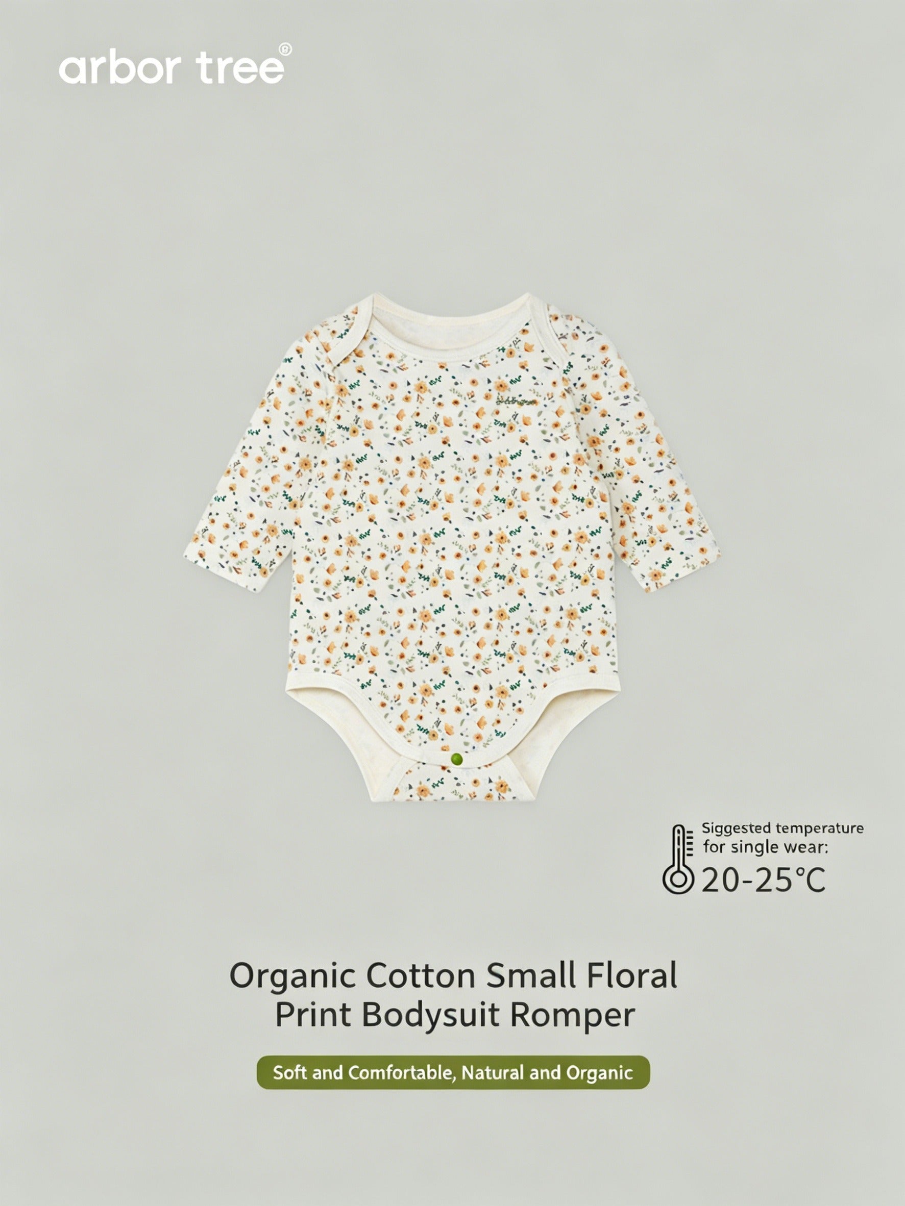 ArborTree organic cotton baby romper with small floral print, long sleeves, gentle on skin, warm and naturally sourced for infants