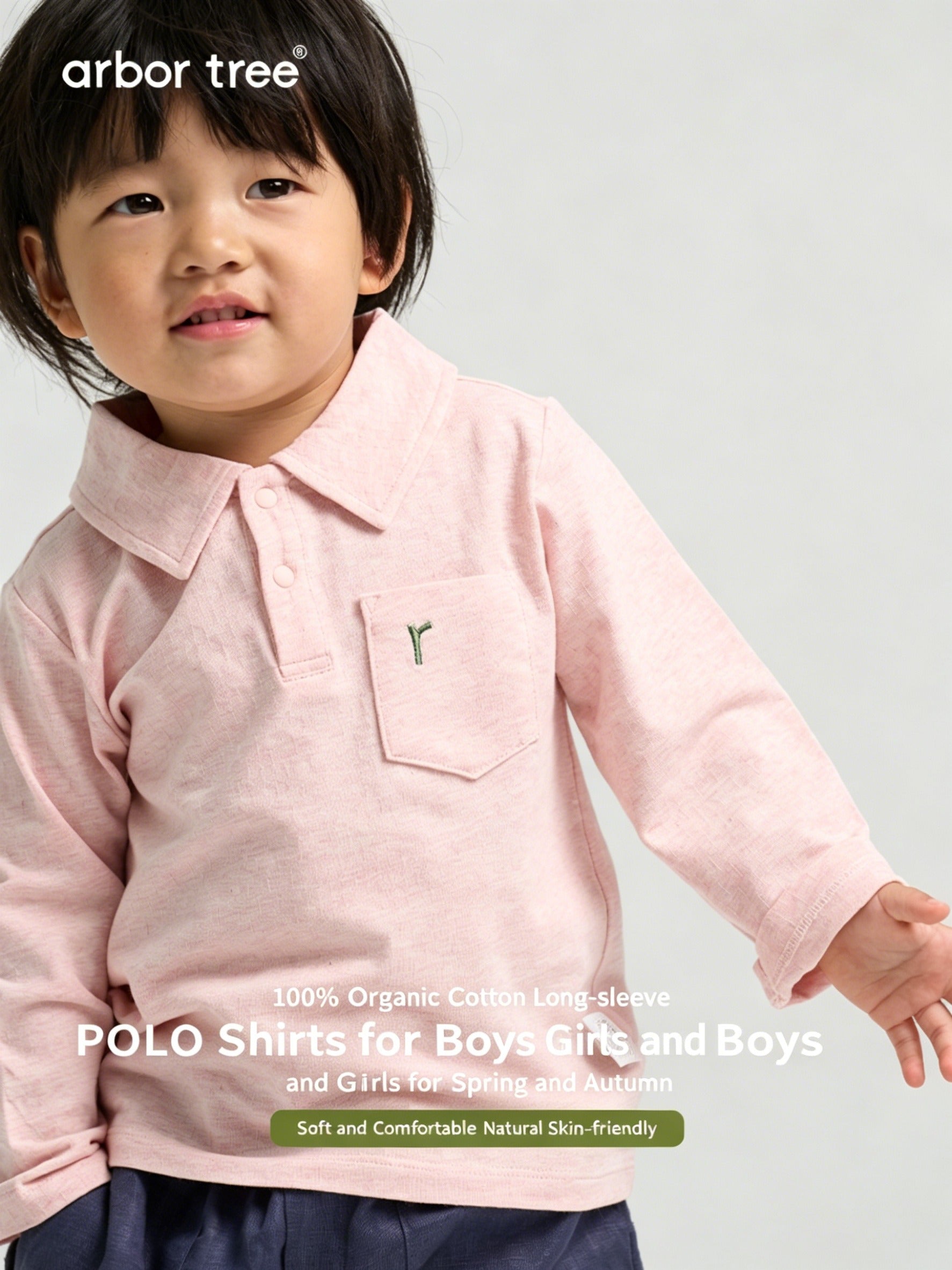 ArborTree organic cotton polo-neck long-sleeve T-shirt for boys and girls, natural color, perfect for spring and fall seasons.