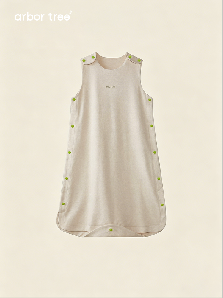 Organic cotton baby sleeveless sleeping bag by ArborTree, natural and breathable for comfortable sleep.