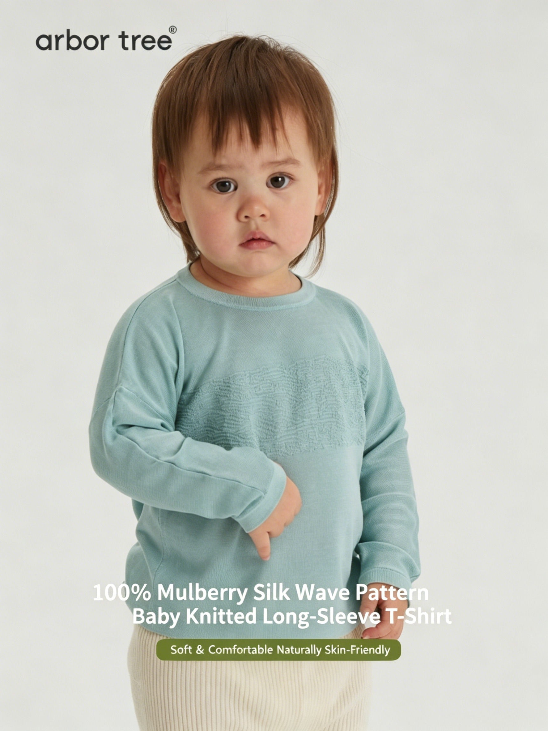 ArborTree natural mulberry silk unisex long-sleeve T-shirt with wavy pattern, soft, moisture-wicking spring/summer knit.