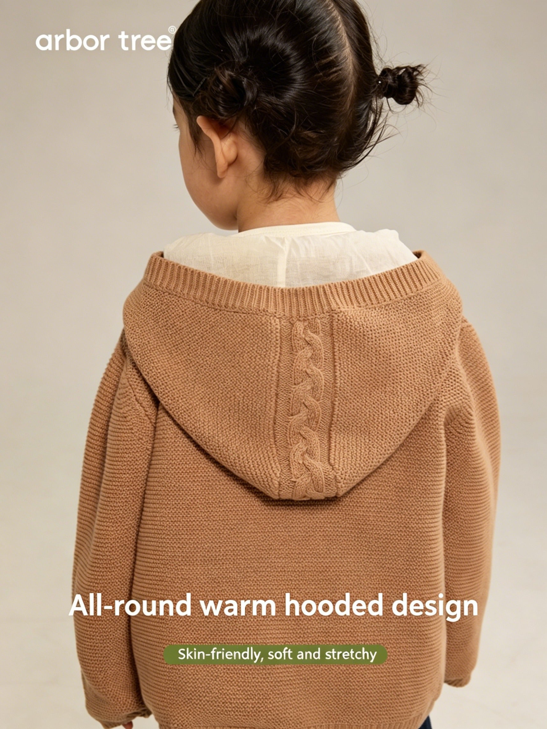 Unisex kids' ArborTree organic cotton knit hooded jacket with warm lining, suitable for spring, fall, and winter.