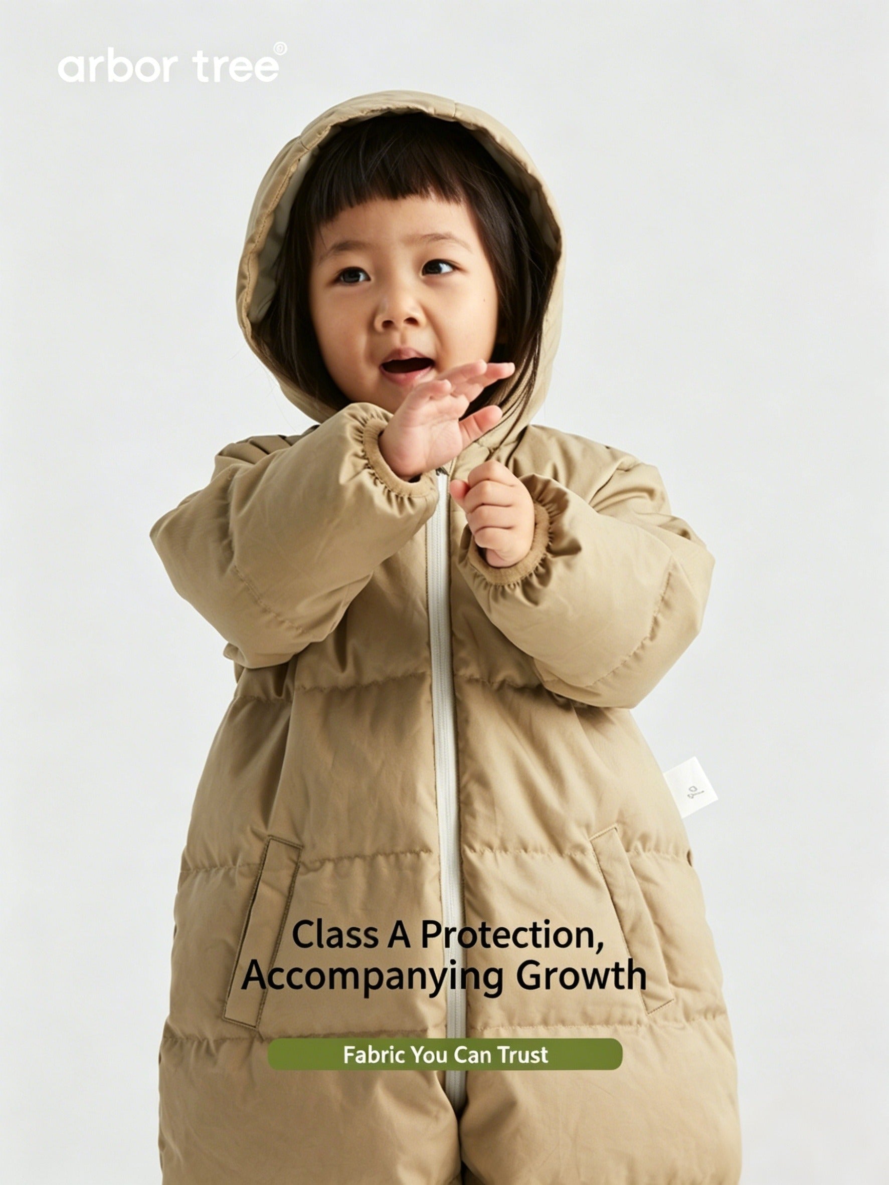 ArborTree Winter down onesies for boys and girls made from natural materials; the outer layer meets Class A standards and has undergone a triple-proof treatment