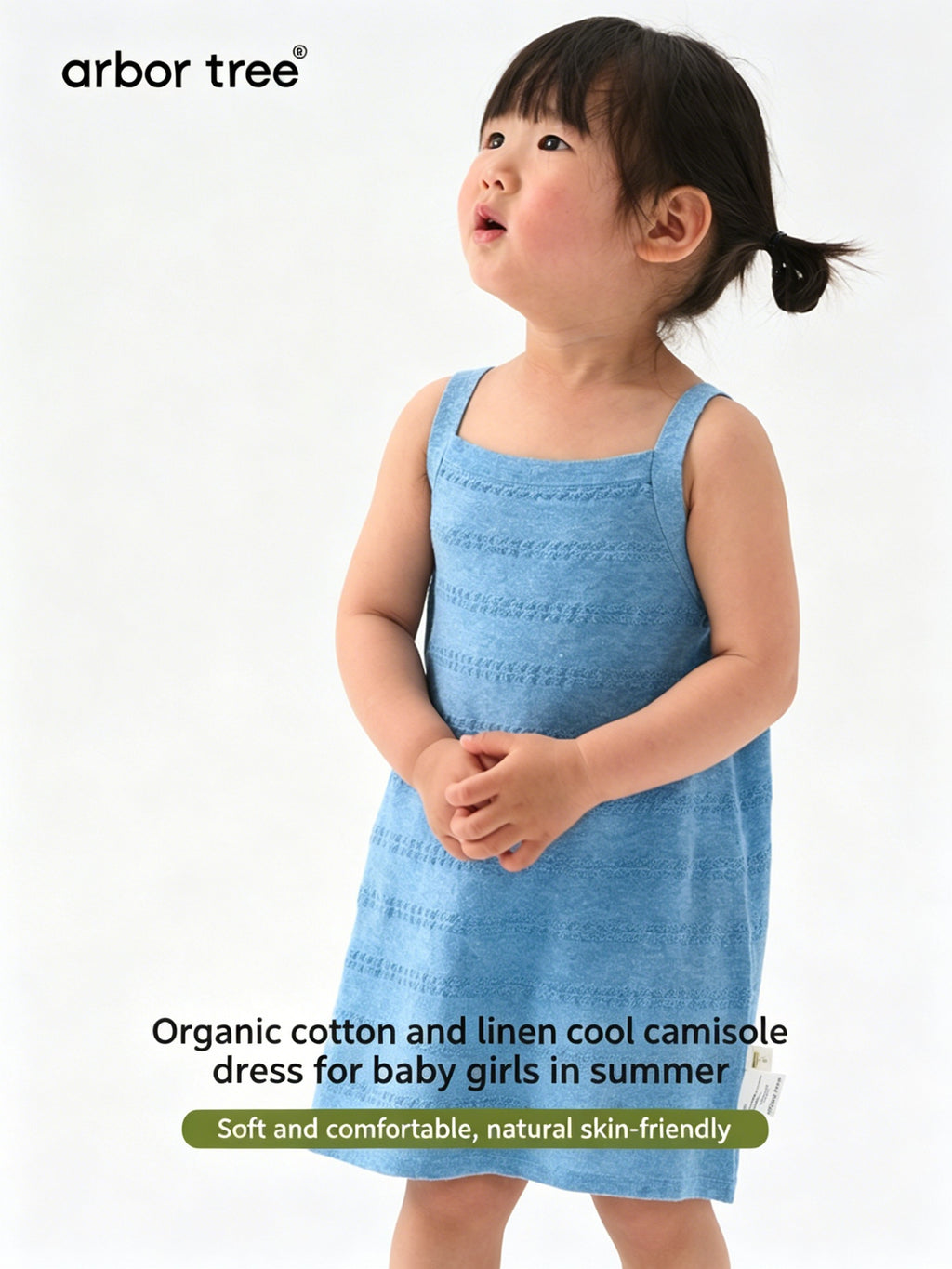 Baby girl summer tank dress by ArborTree, made from 60% organic cotton and 40% linen, lightweight and breathable for warm weather.
