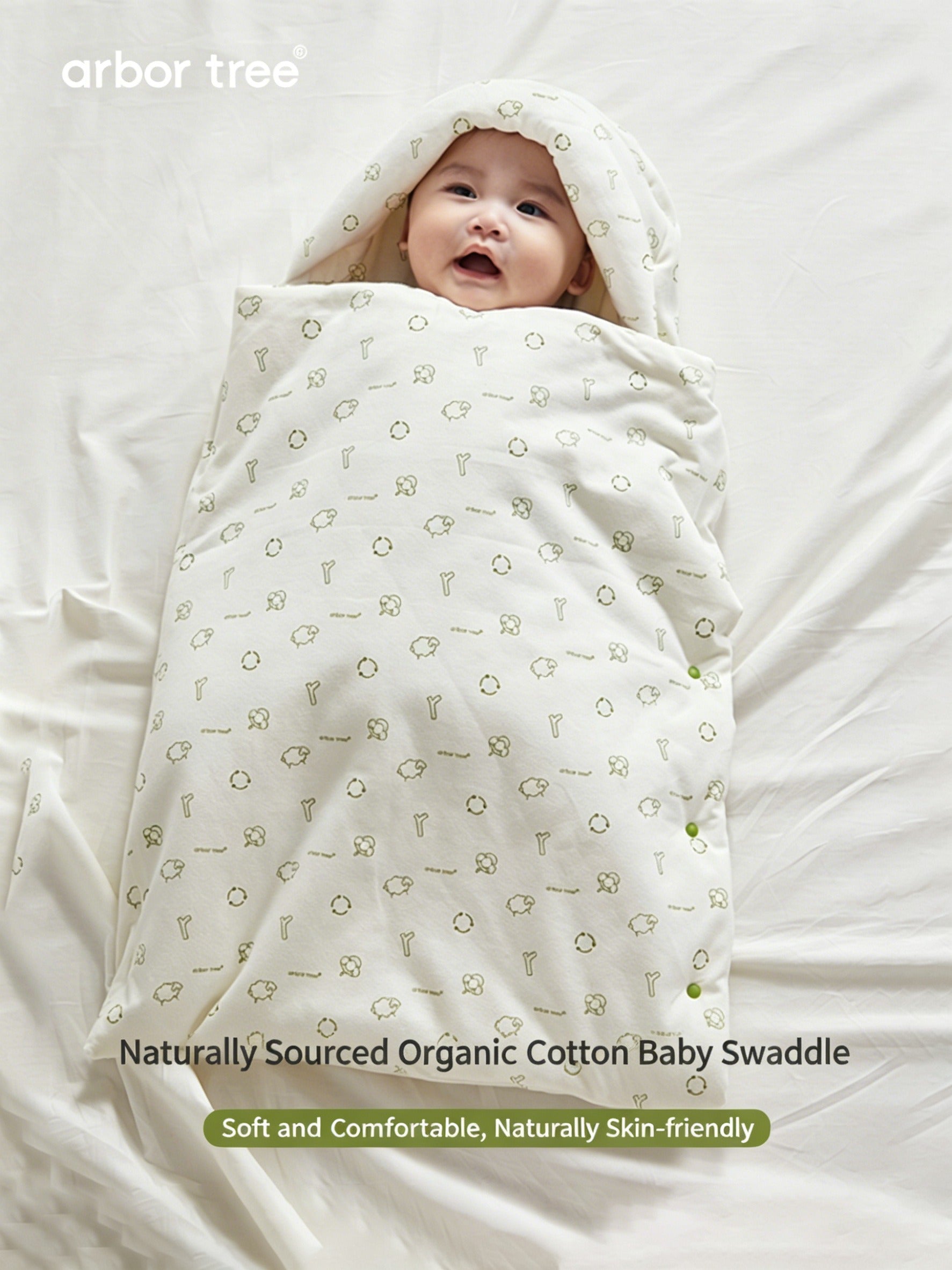 ArborTree organic cotton baby swaddle blanket showing soft, natural fabric with gentle folds, suitable for all seasons and machine washable.