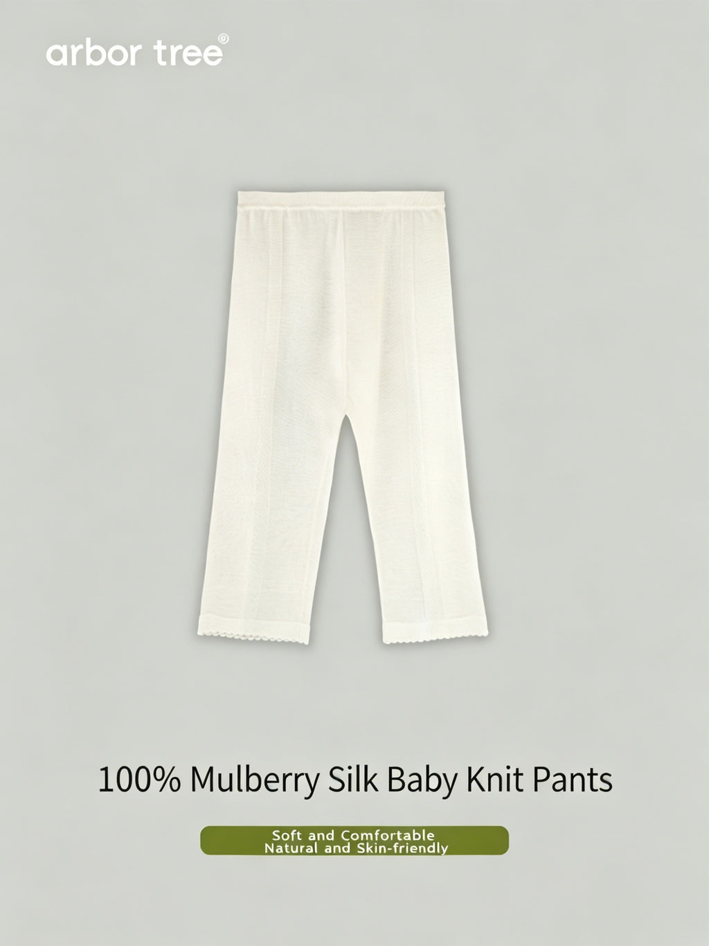 ArborTree 100% Mulberry silk baby knitted trousers in soft, natural fabric, designed for comfort and gentle on baby's skin.