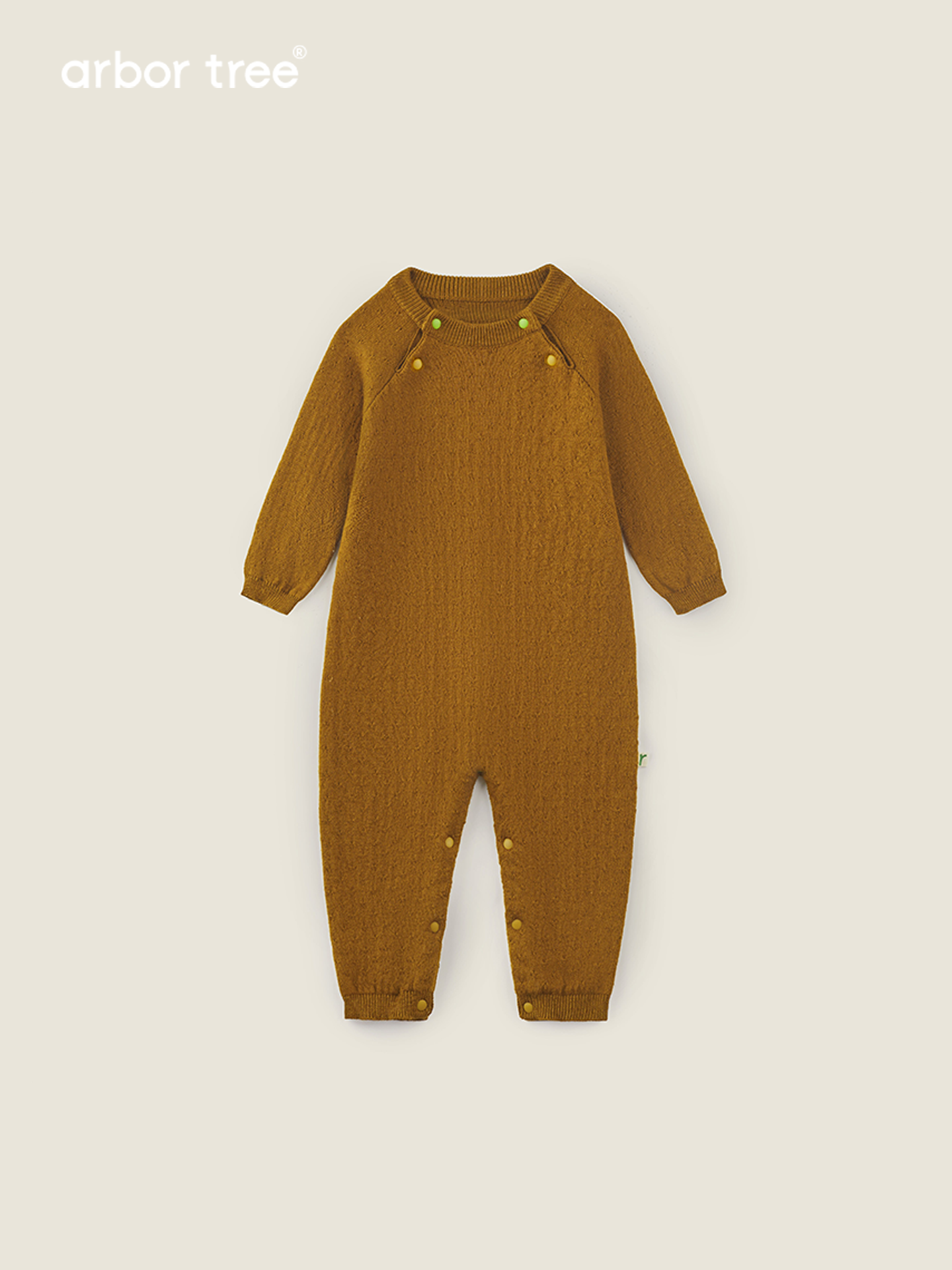 Organic cotton cashmere infant romper by arbortree, long-sleeve, shoulder-split, thick-knit baby and toddler one-piece outfit.