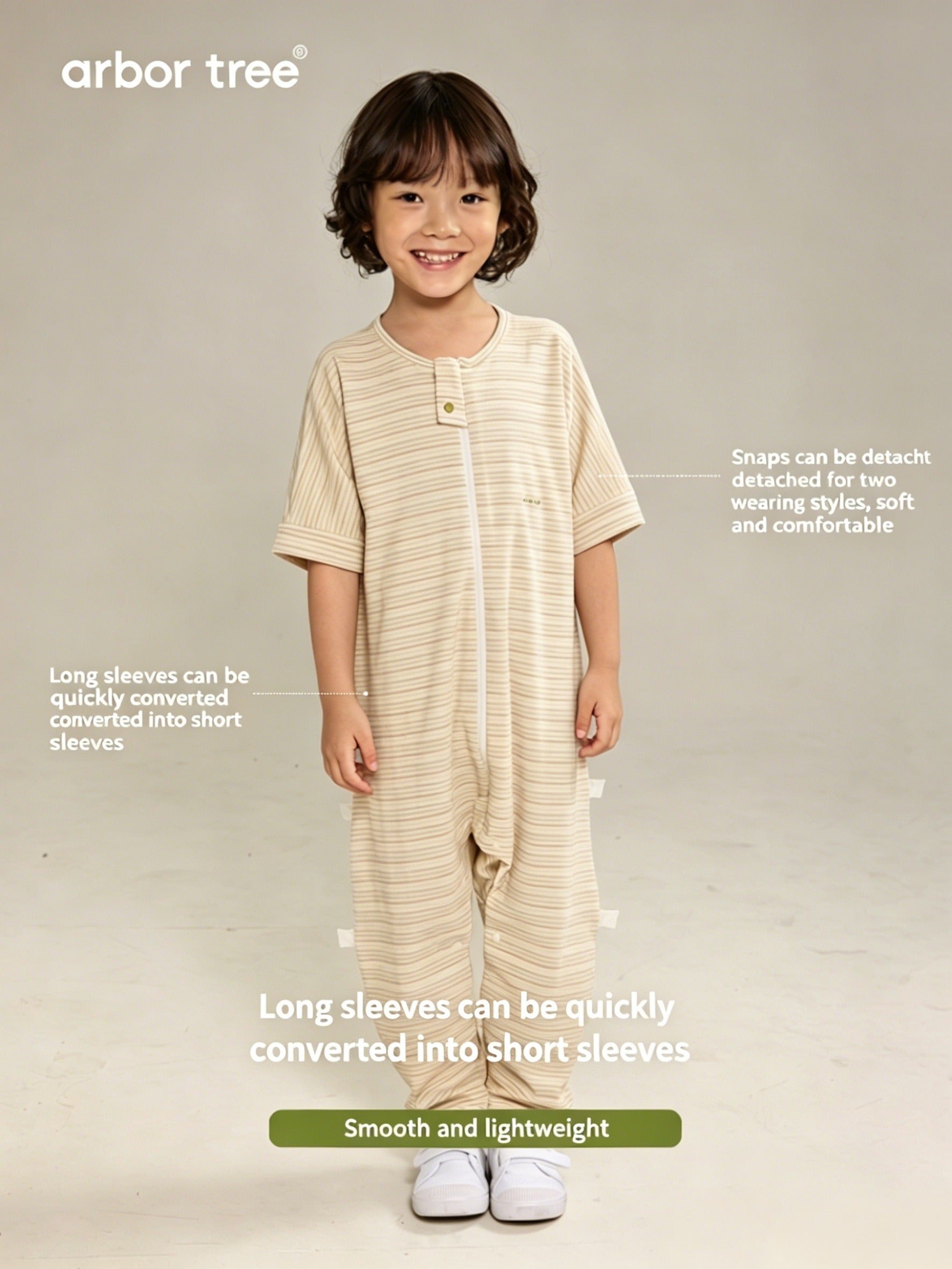 ArborTree kids' multicolored organic cotton all-season sleeping bag with split-leg design and detachable sleeves for versatile comfort.