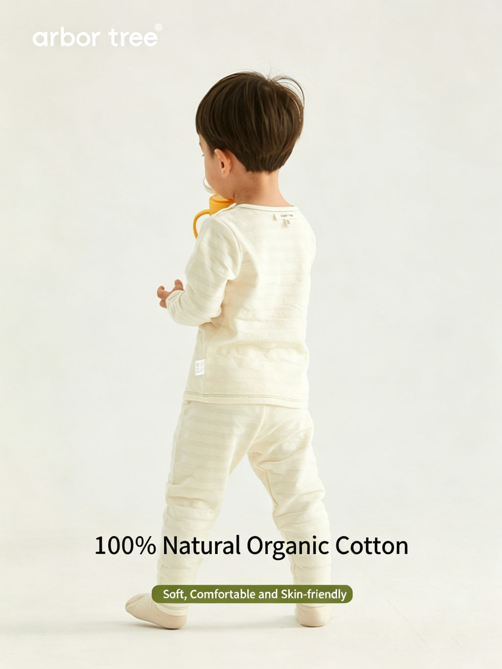 ArborTree organic cotton baby long-sleeve loungewear set, soft natural fabric, suitable for spring, fall, and winter.