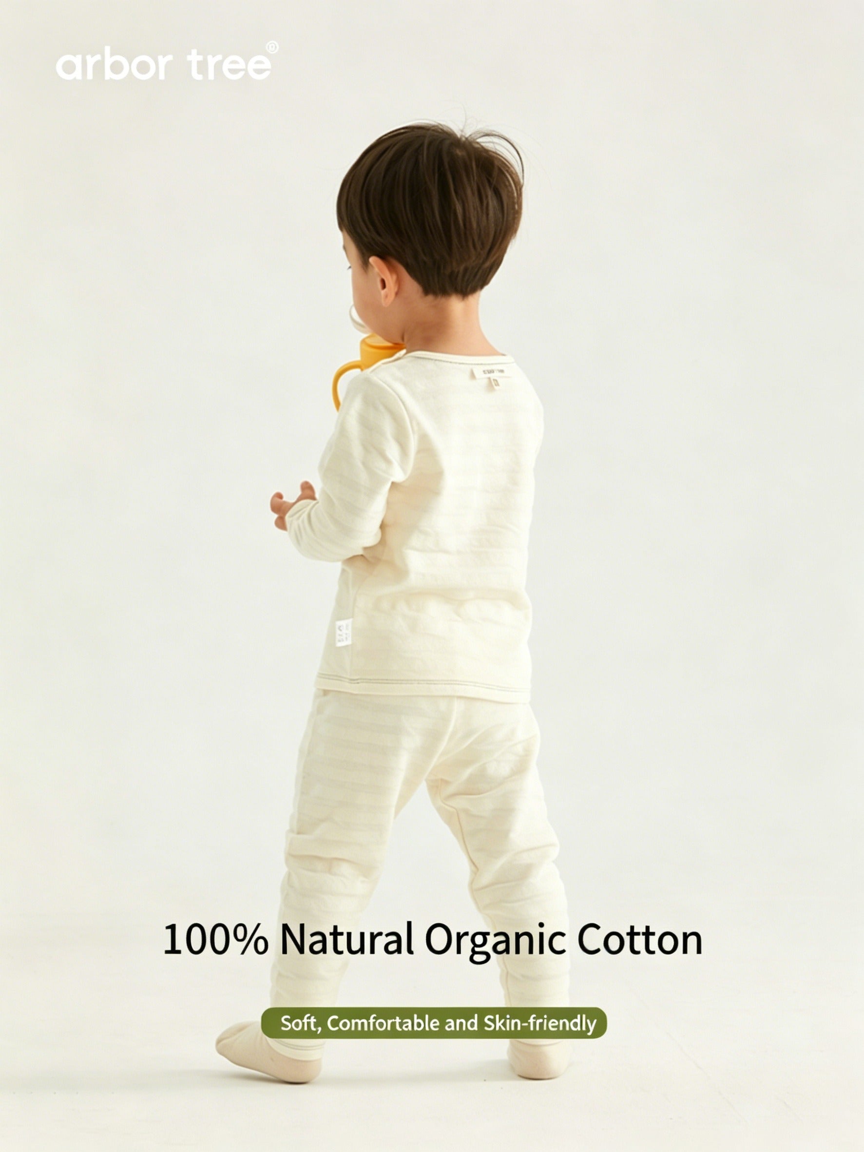 ArborTree organic cotton baby long-sleeve loungewear set, soft natural fabric, suitable for spring, fall, and winter.