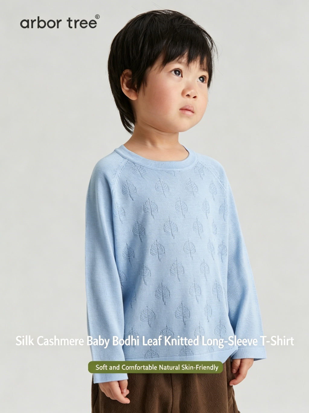 Unisex ArborTree knit T-shirt with Bodhi leaf design, made from 85% mulberry silk and 15% cashmere, in spring/fall style.