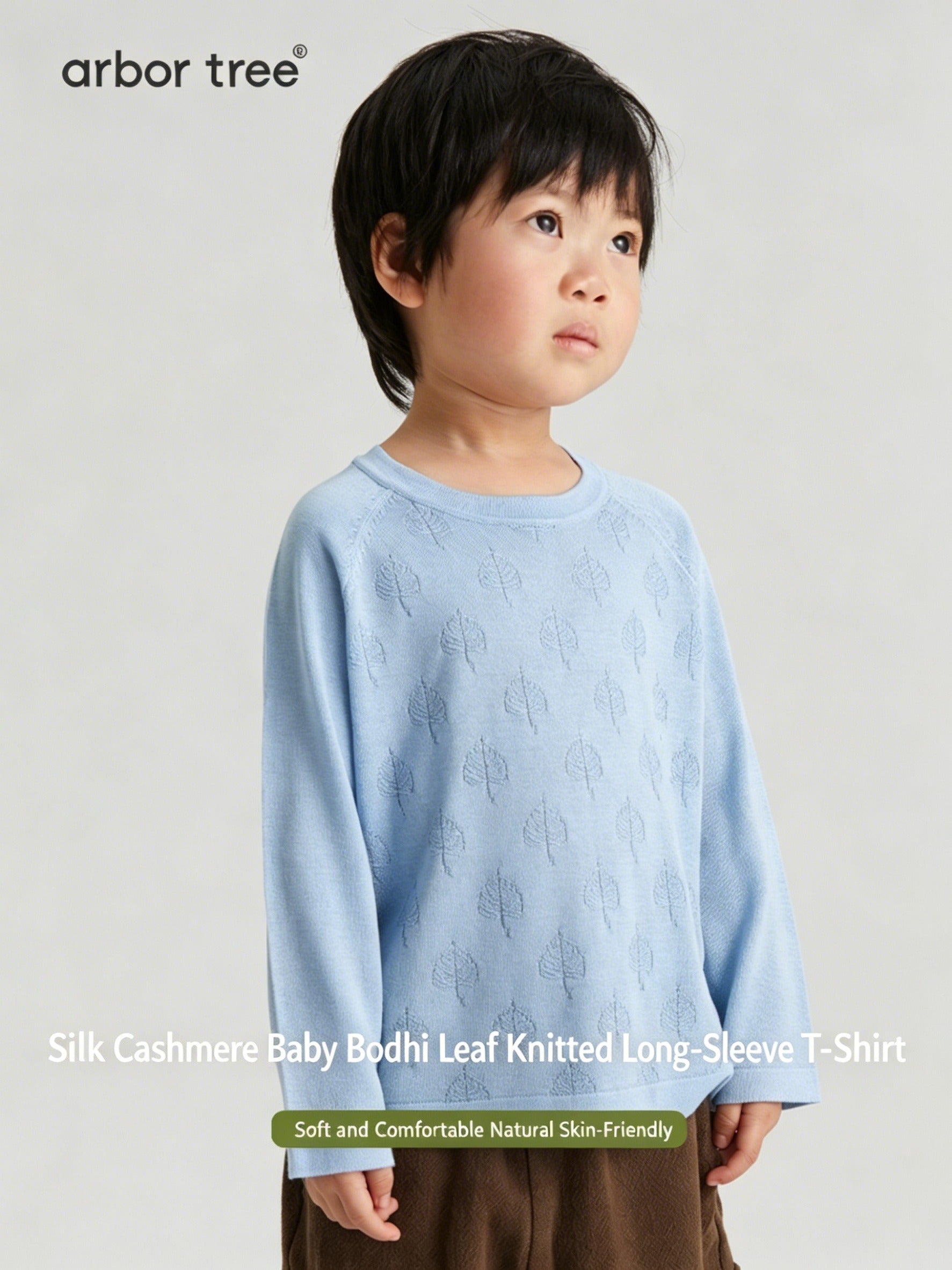 Unisex ArborTree knit T-shirt with Bodhi leaf design, made from 85% mulberry silk and 15% cashmere, in spring/fall style.