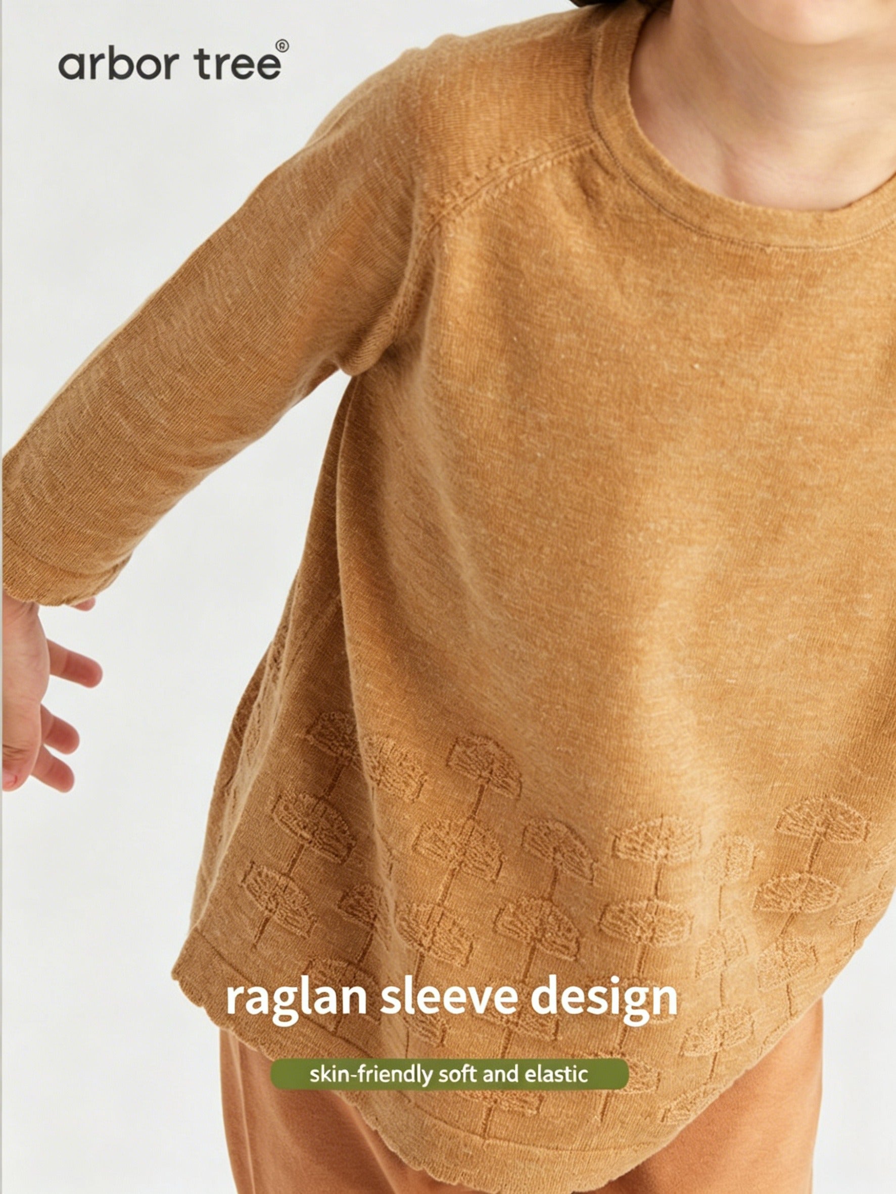 Unisex kids' ArborTree wool-linen Ginkgo leaf long-sleeve T-shirt, soft, moisture-wicking, and warm for spring and fall.