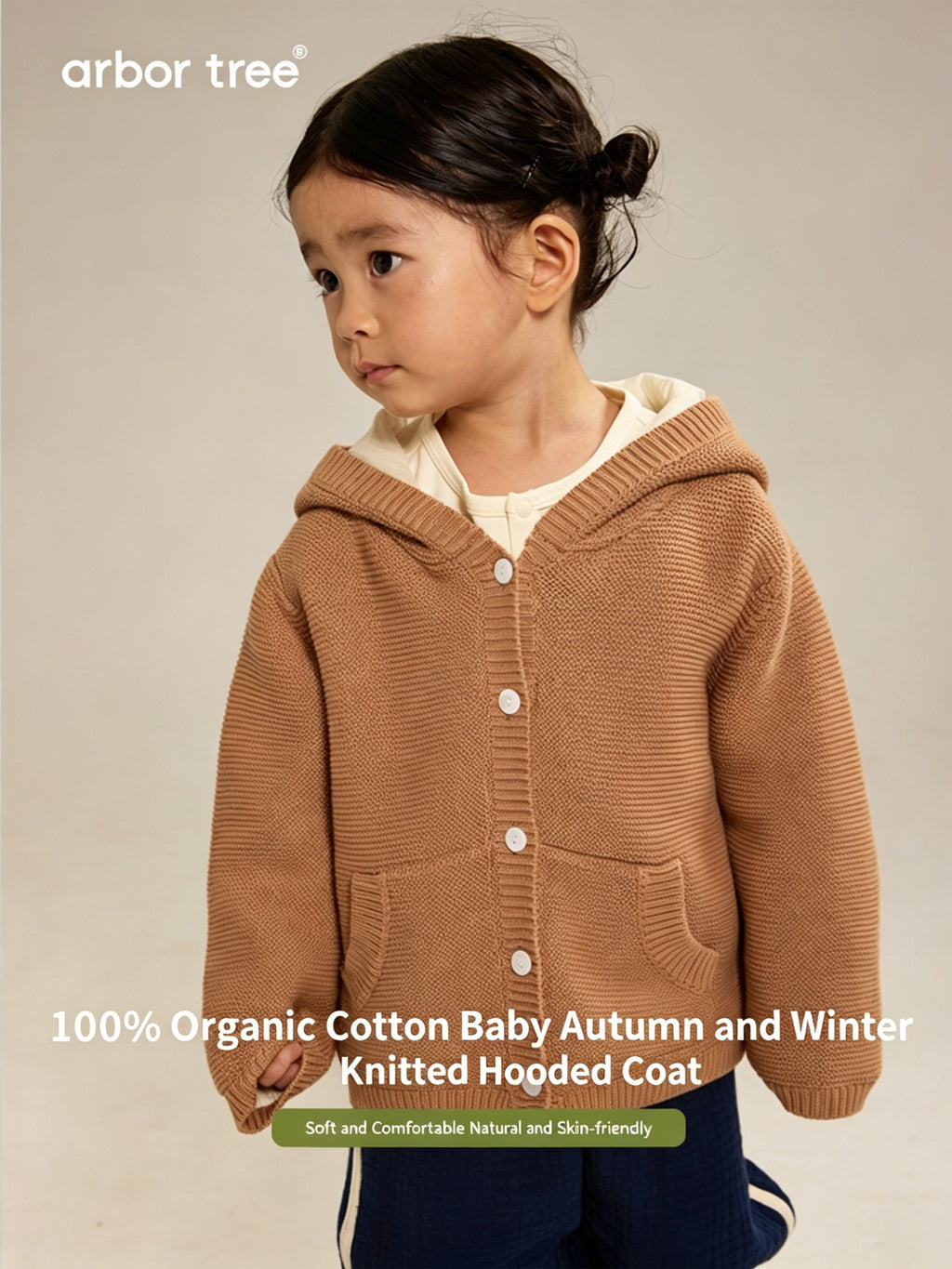 ArborTree organic cotton kids' hooded jacket with knit design and warm lining, suitable for spring, fall, and winter.