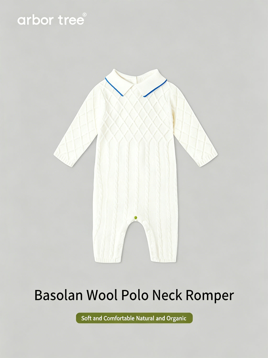 ArborTree Grandma Series baby polo-neck romper in soft merino wool, warm and cozy for fall and winter, designed for comfort.