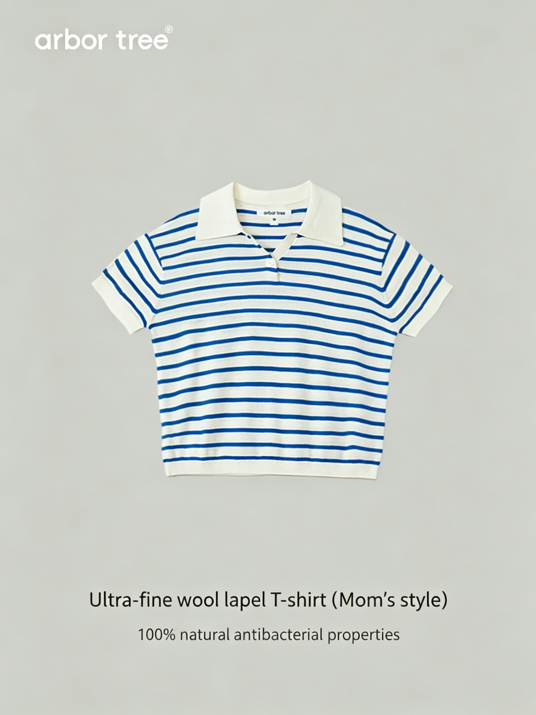 ArborTree baby short-sleeved wool T-shirt with lapel collar, made from 100% superfine wool, in a soft, natural color.
