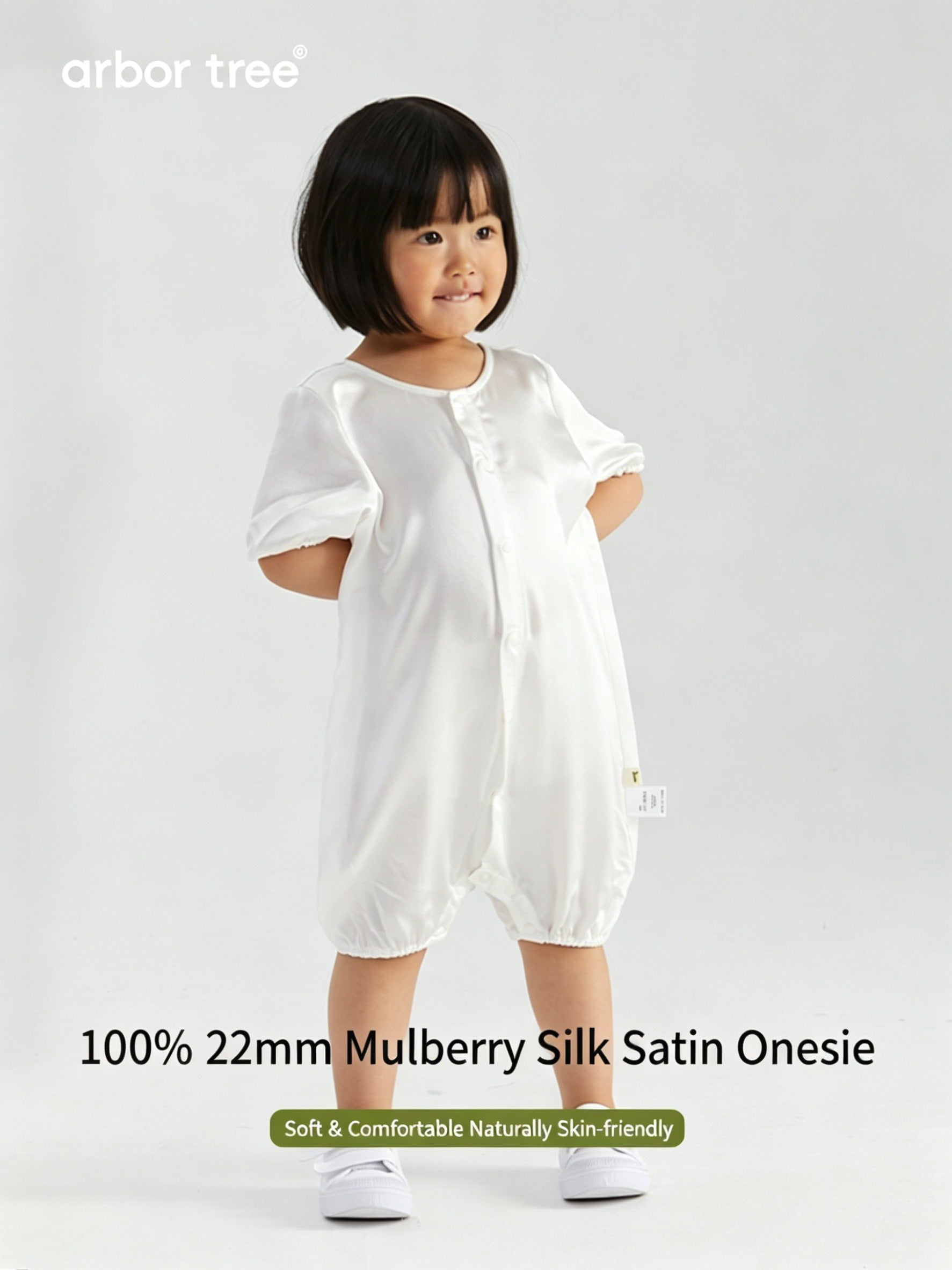 ArborTree Summer Cool 100% Mulberry Silk Satin Romper for kids in natural color, featuring soft silk fabric and sleeveless design