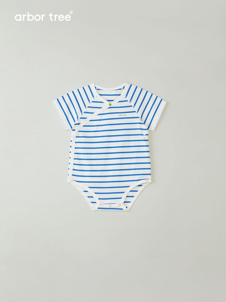 Organic cotton baby crawling suit by ArborTree featuring a triangle design, natural colors, and comfortable fit for infants.