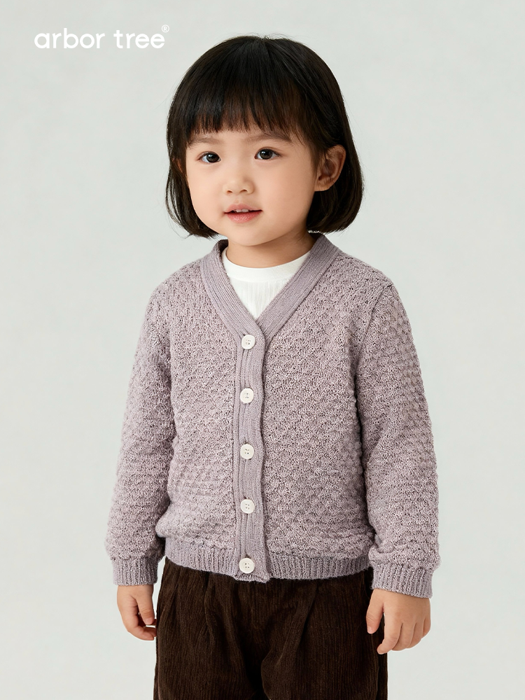 ArborTree kids' knit cardigan with pineapple stitch in green, made from 70% wool and 30% cashmere for boys and girls.