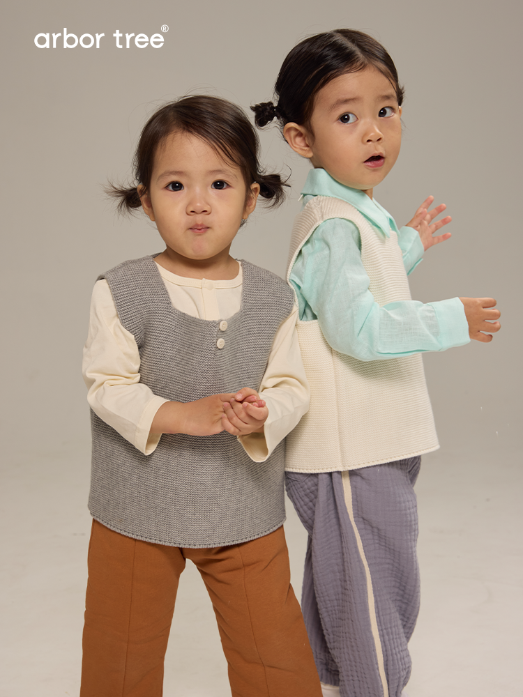 Organic cotton and cashmere unisex baby Chinese-style knit vest by ArborTree, suitable for spring, fall, and winter.