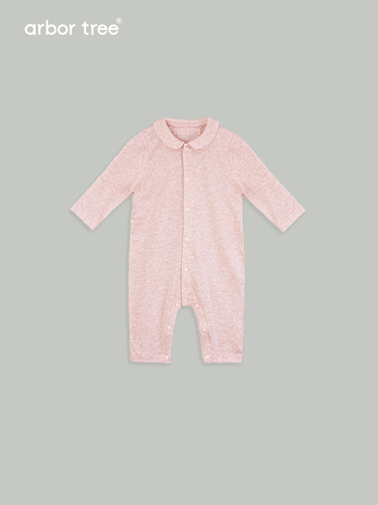 Organic cotton baby romper by ArborTree featuring a front opening, collar, and moisture-wicking fabric for unisex spring wear.