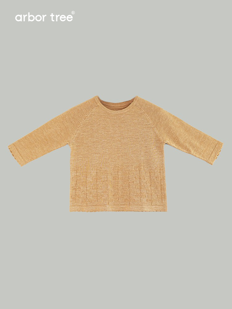 Unisex kids' ArborTree wool-linen Ginkgo leaf long-sleeve knit T-shirt in soft, moisture-wicking fabric for spring and fall.