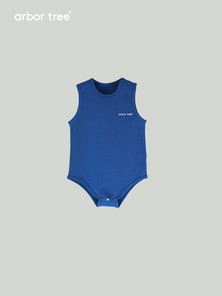 ArborTree organic cotton unisex baby romper with sleeveless open-shoulder design and triangular pattern, perfect for summer.