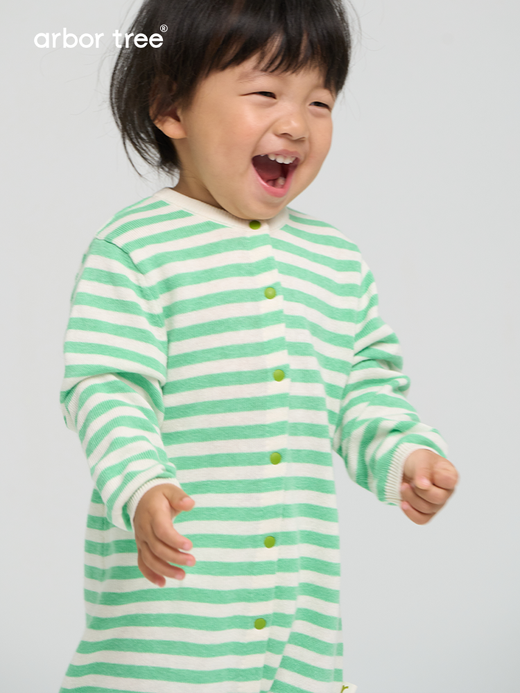 ArborTree 2-in-1 striped romper for boys and girls, made from organic cotton and linen, suitable for spring, fall, and winter.