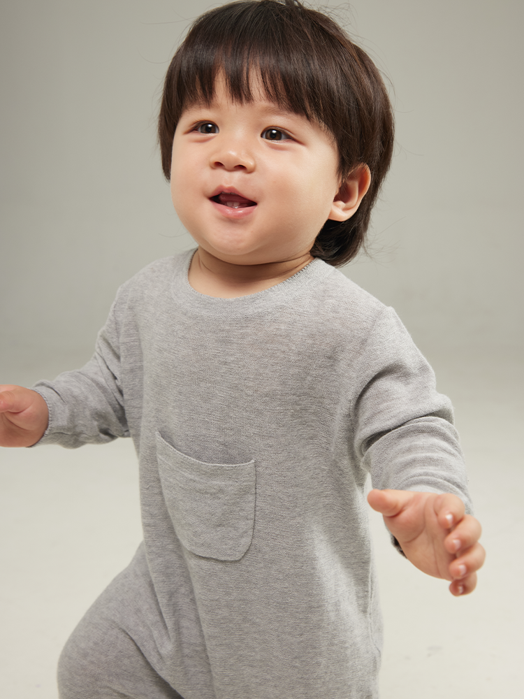 Organic cotton linen baby romper by arbortree, long-sleeve, moisture-wicking, breathable for spring and fall wear.