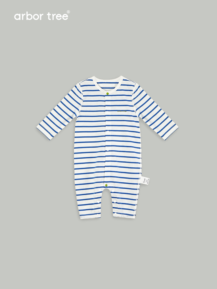 ArborTree organic cotton spring striped front-opening romper for boys and girls, soft, gentle, natural kids' clothing.