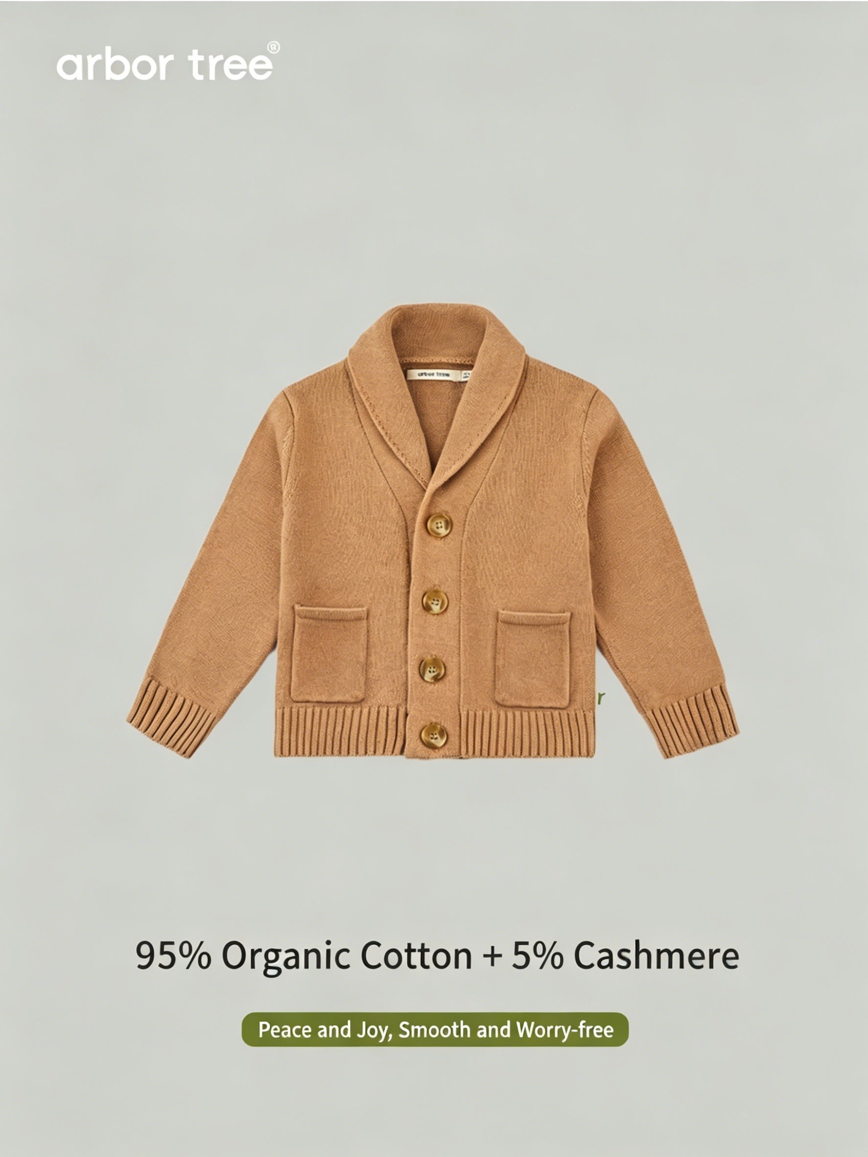 ArborTree organic cotton and cashmere baby lapel jacket cardigan in soft, natural colors, featuring a cozy, stylish design for infants.