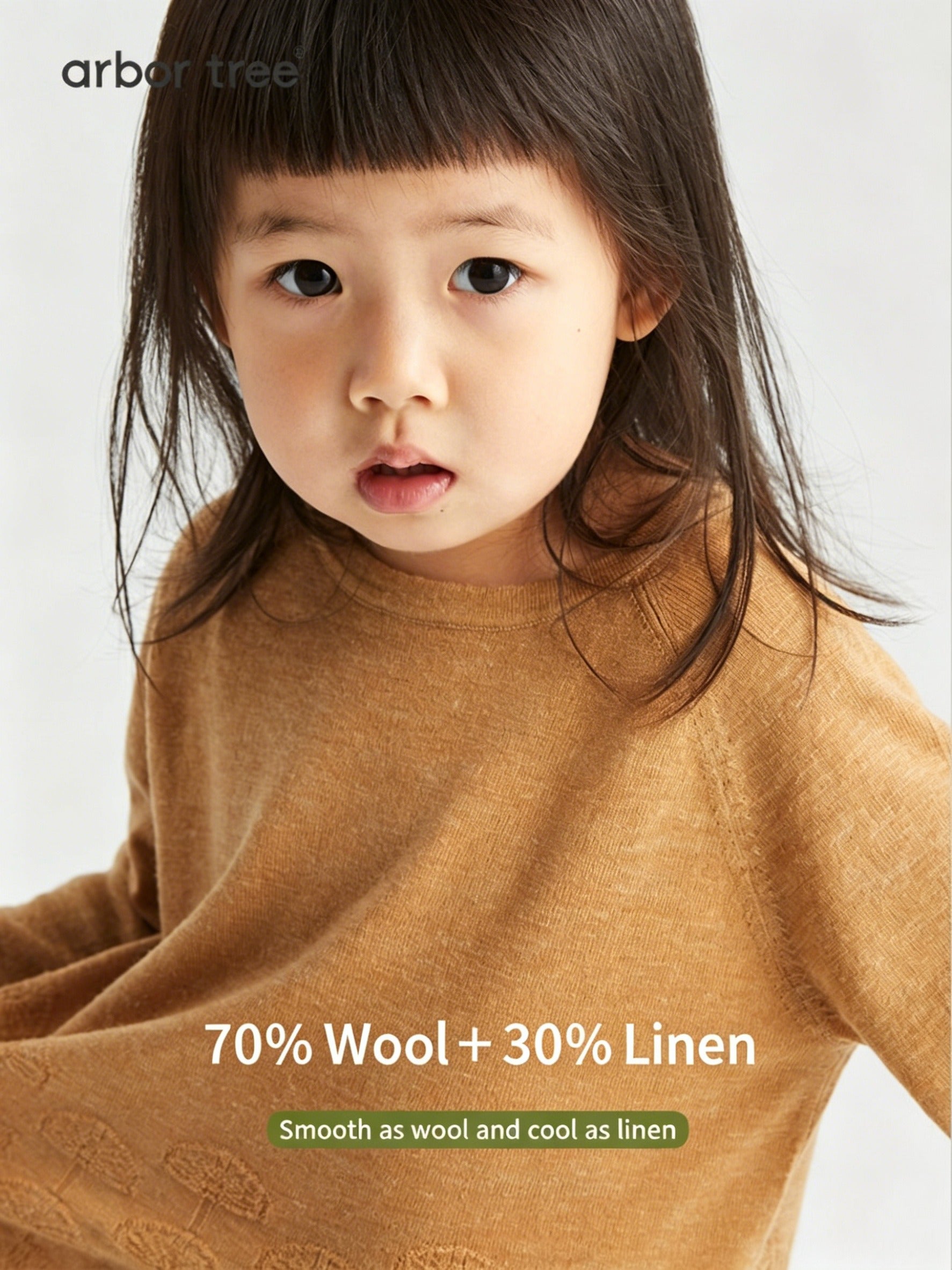 ArborTree kids' Ginkgo leaf long-sleeve knit T-shirt in wool-linen blend, soft, moisture-wicking, and warm for spring and fall wear.
