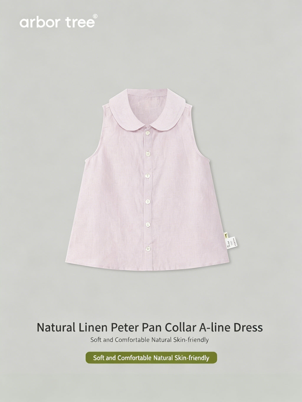 ArborTree girl's linen A-line skirt with front opening, natural fabric, size 14x14 thread count, displayed on a hanger.